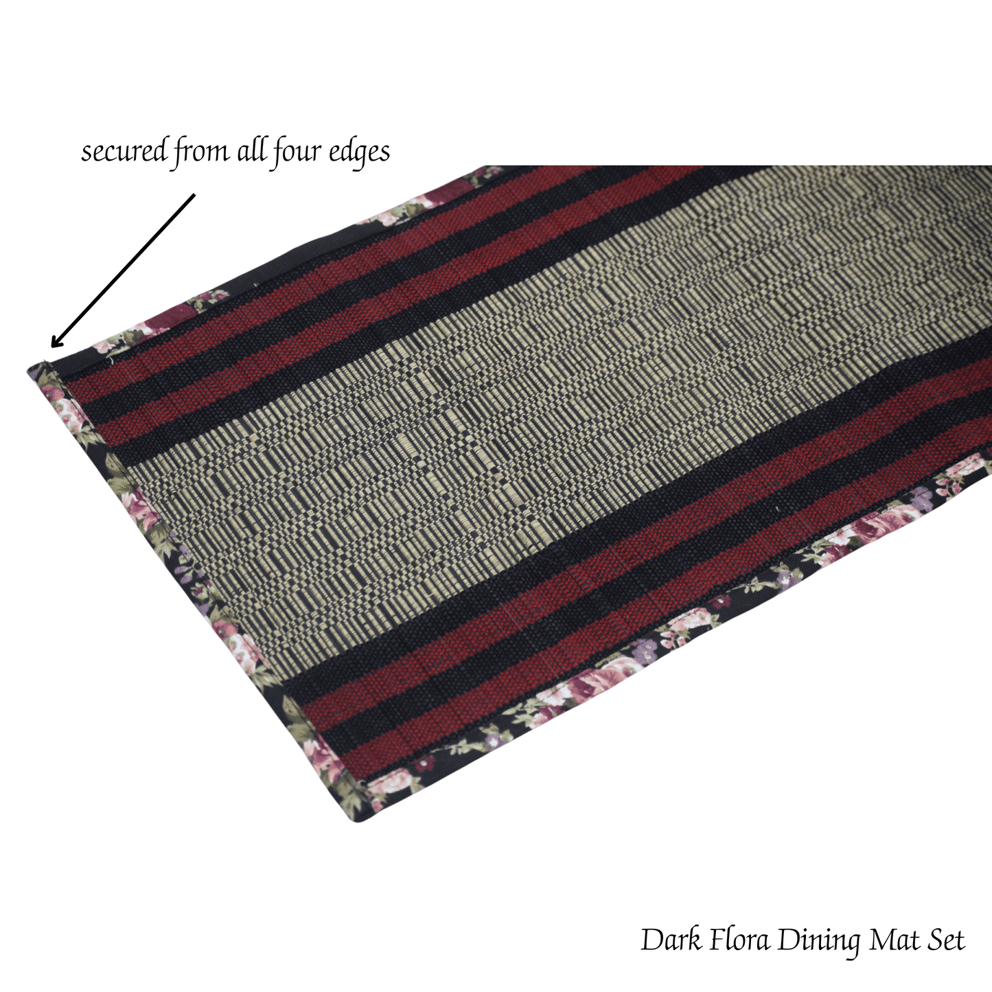Dark Flora Dining Mat Set with striped border on a white background