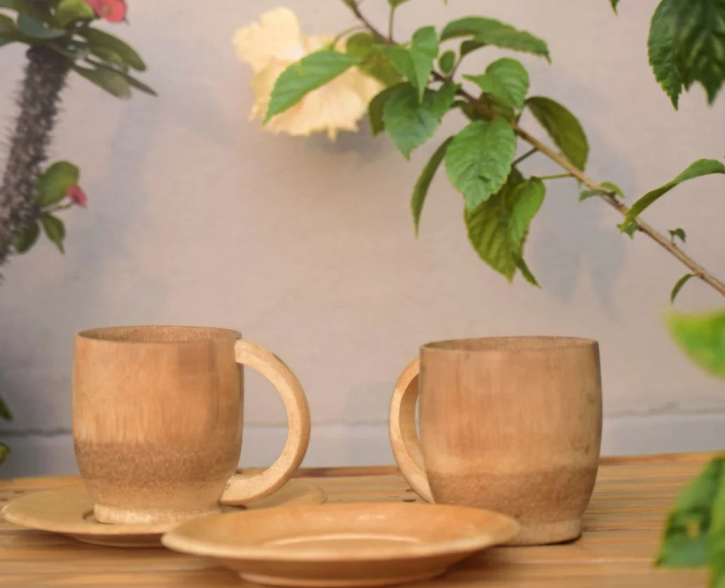 Handmade Bamboo Tea Cup with Saucer - 3 inch with Smoke Finish - 2 pieces
