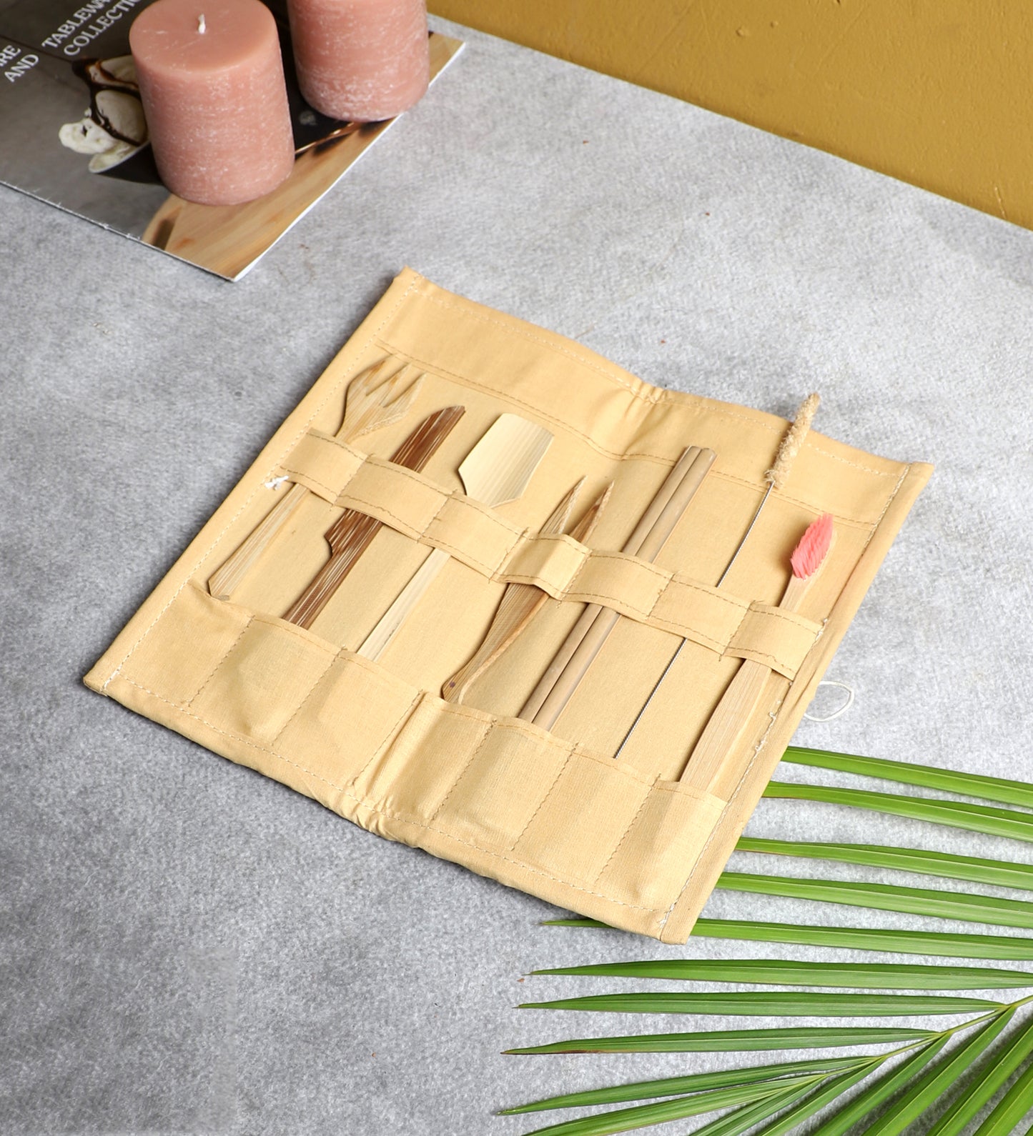 Bamboo Utility Set with Pouch. Includes Toothbrush, Straw, Cutlery and Cleaner