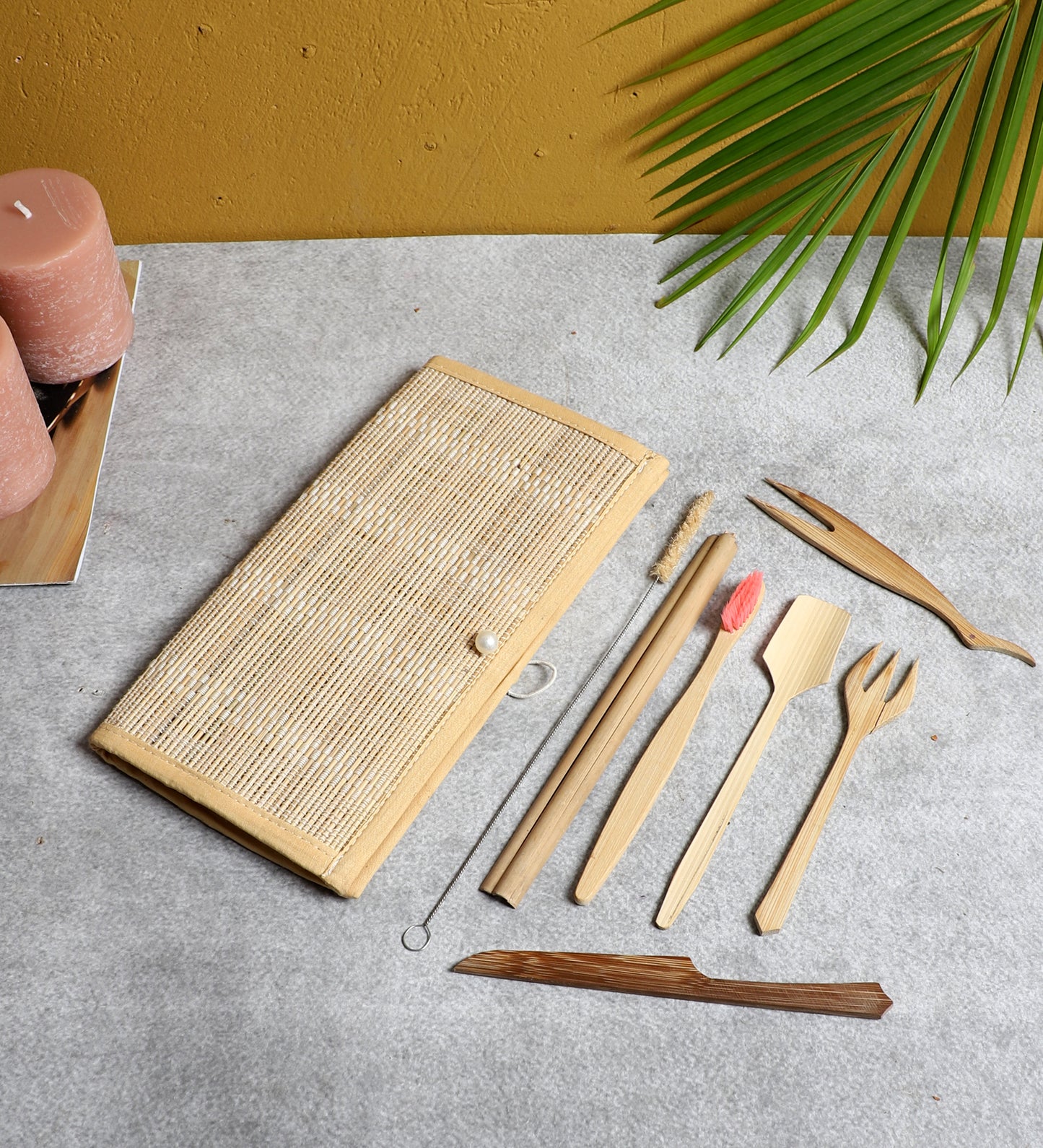 Bamboo Utility Set with Pouch. Includes Toothbrush, Straw, Cutlery and Cleaner