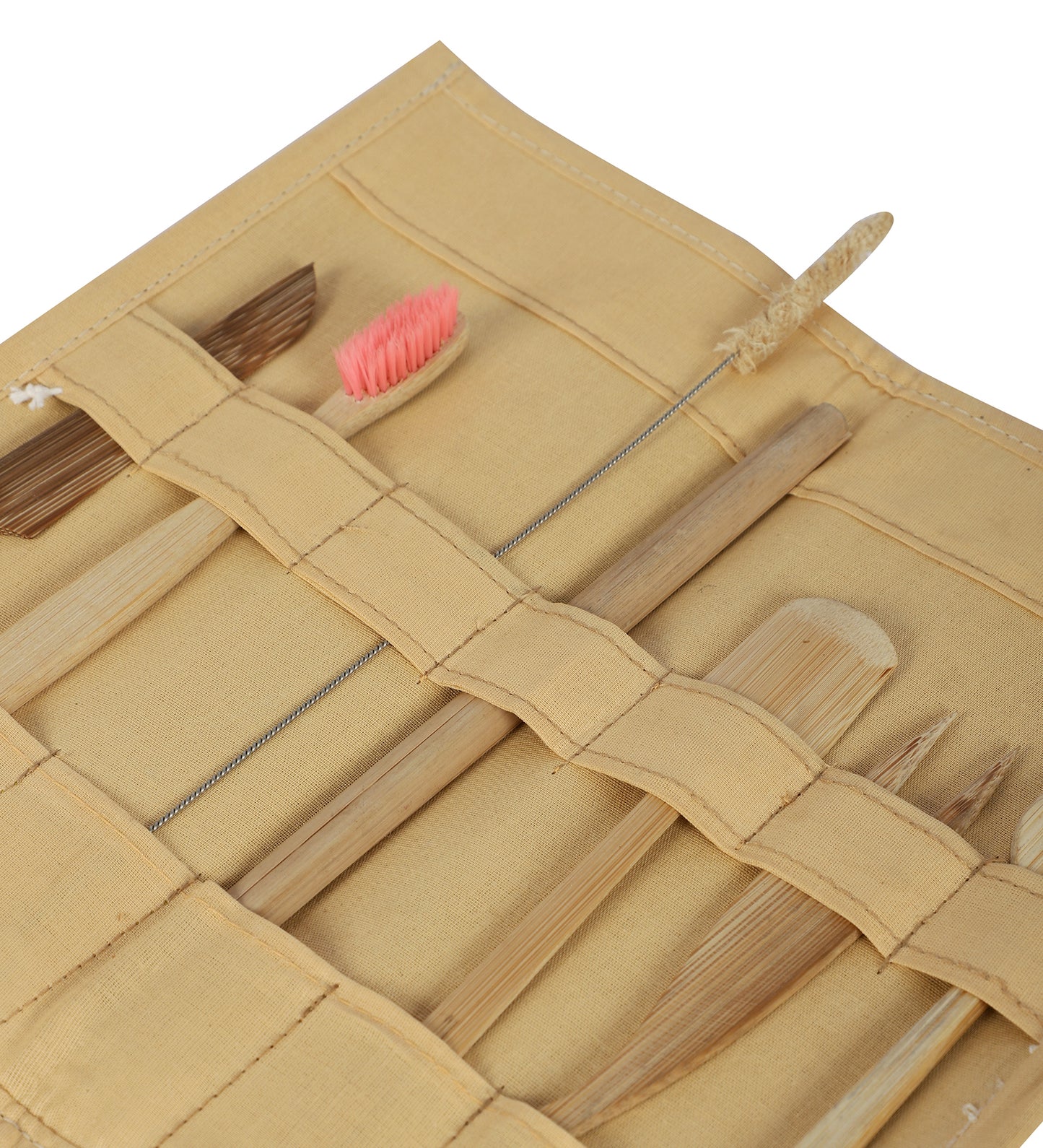 Bamboo Utility Set with Pouch. Includes Toothbrush, Straw, Cutlery and Cleaner