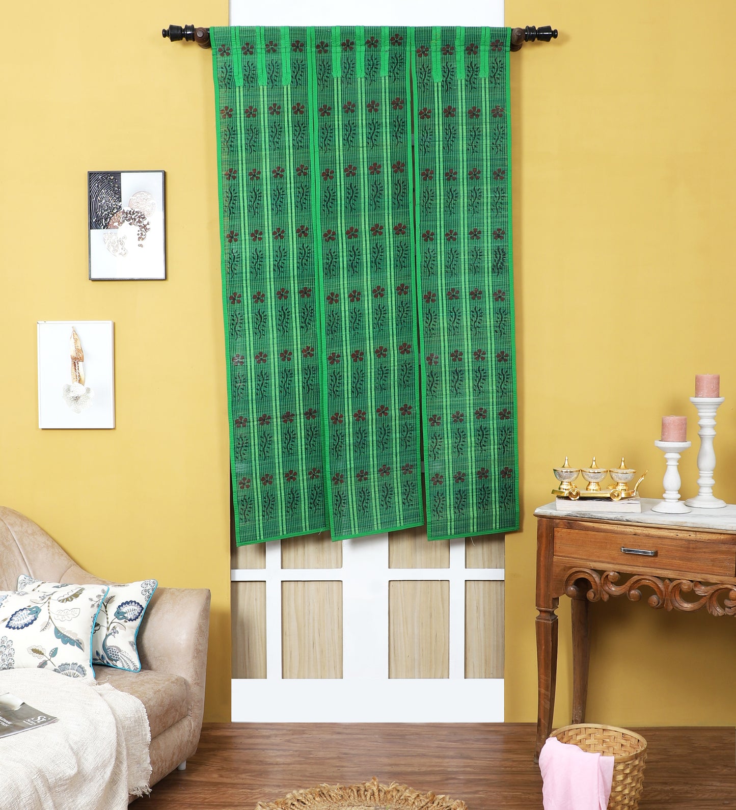 Three Panel Bamboo Curtain - Green