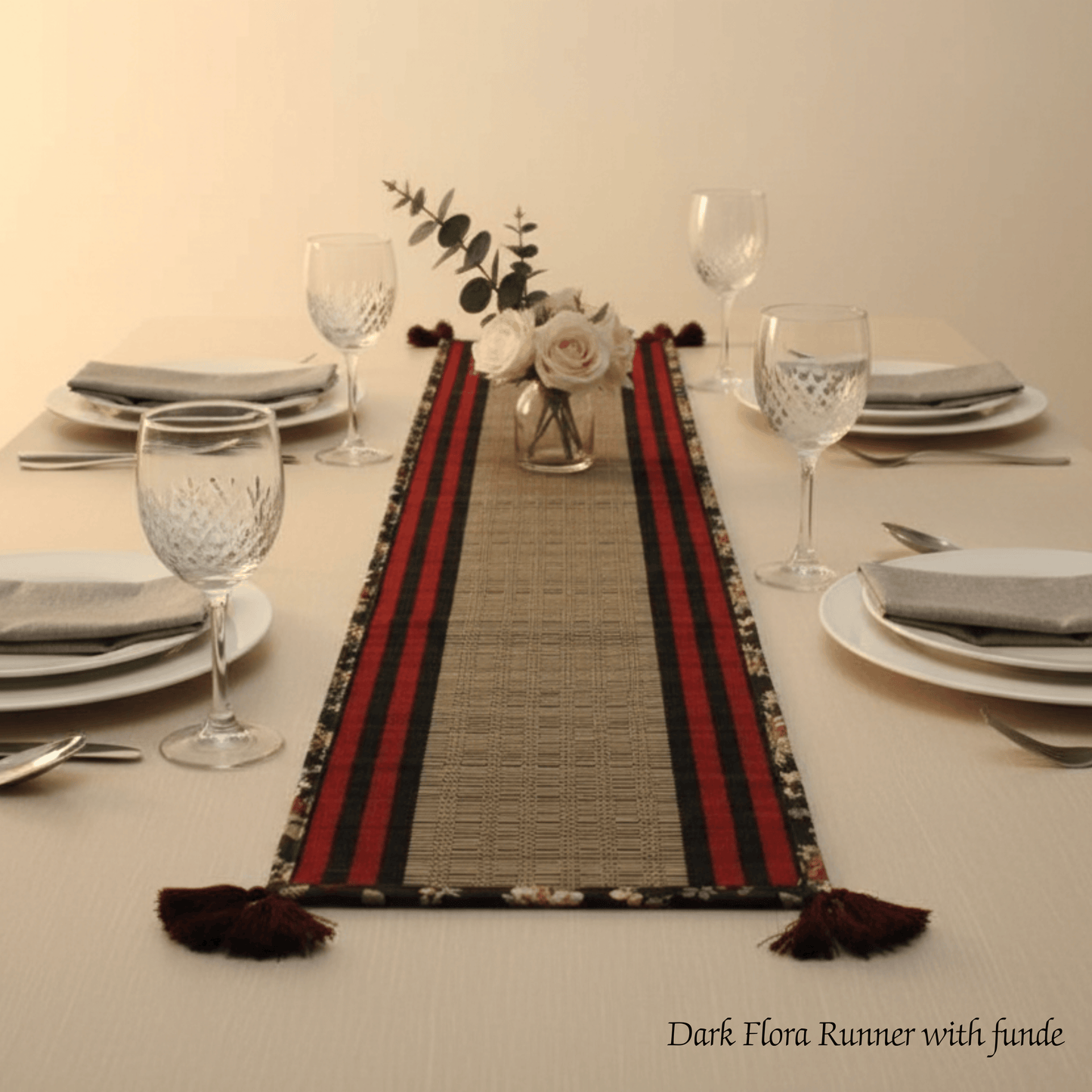 After Wait | Bamboo Table Runner – Floral Canvas Edge with Red Funde