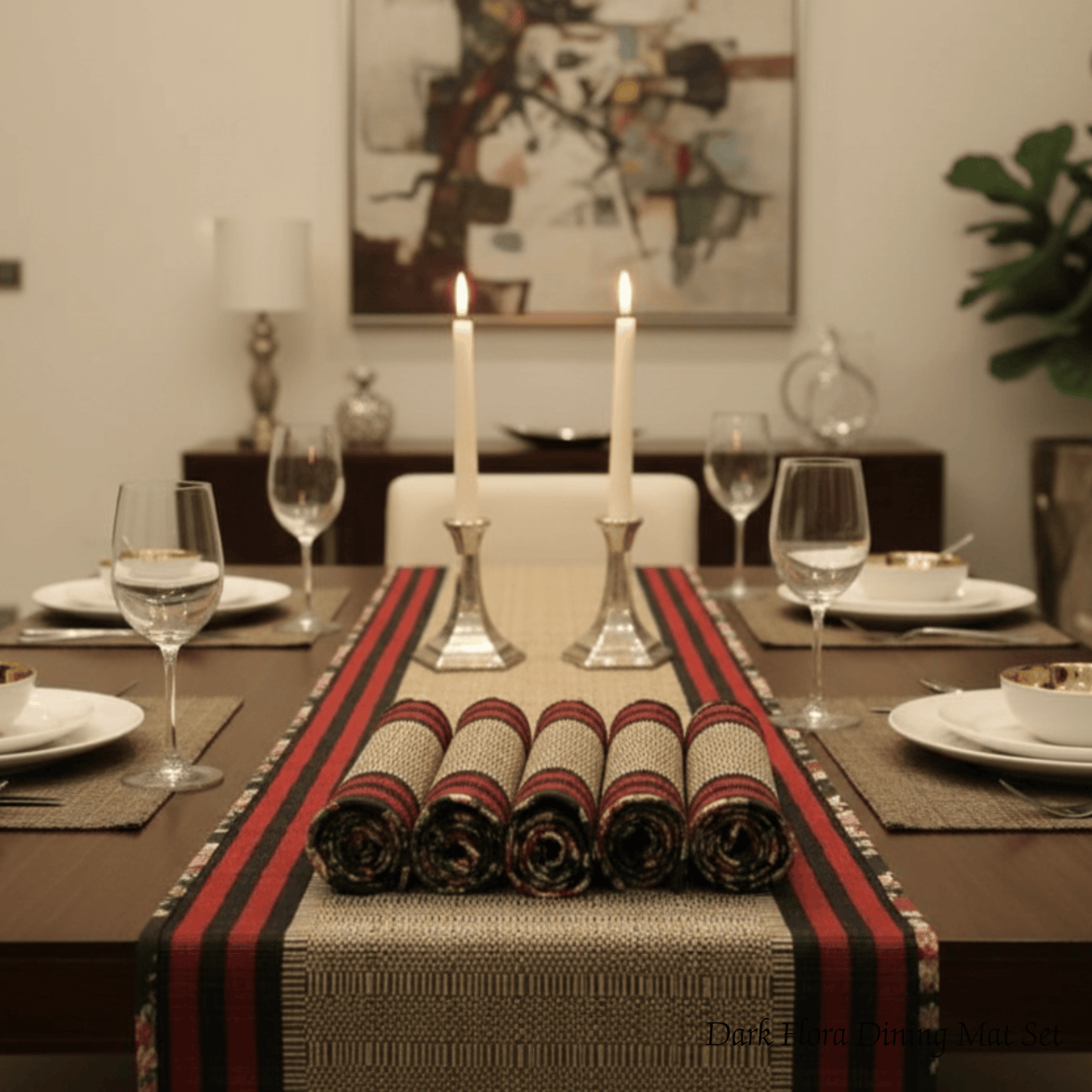 After Wait | Bamboo Table Runner with Placemat - Vintage Floral Edge