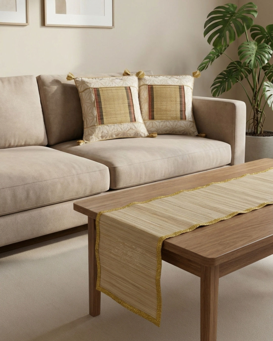 How to Style Your Sofa with a Beige Zari Runner and Snowflake Cushions