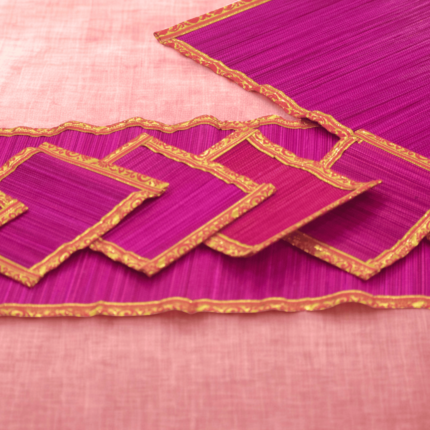 Zari Series | Bamboo Coasters (Set of 6) - Pink with Rose Zari Finish