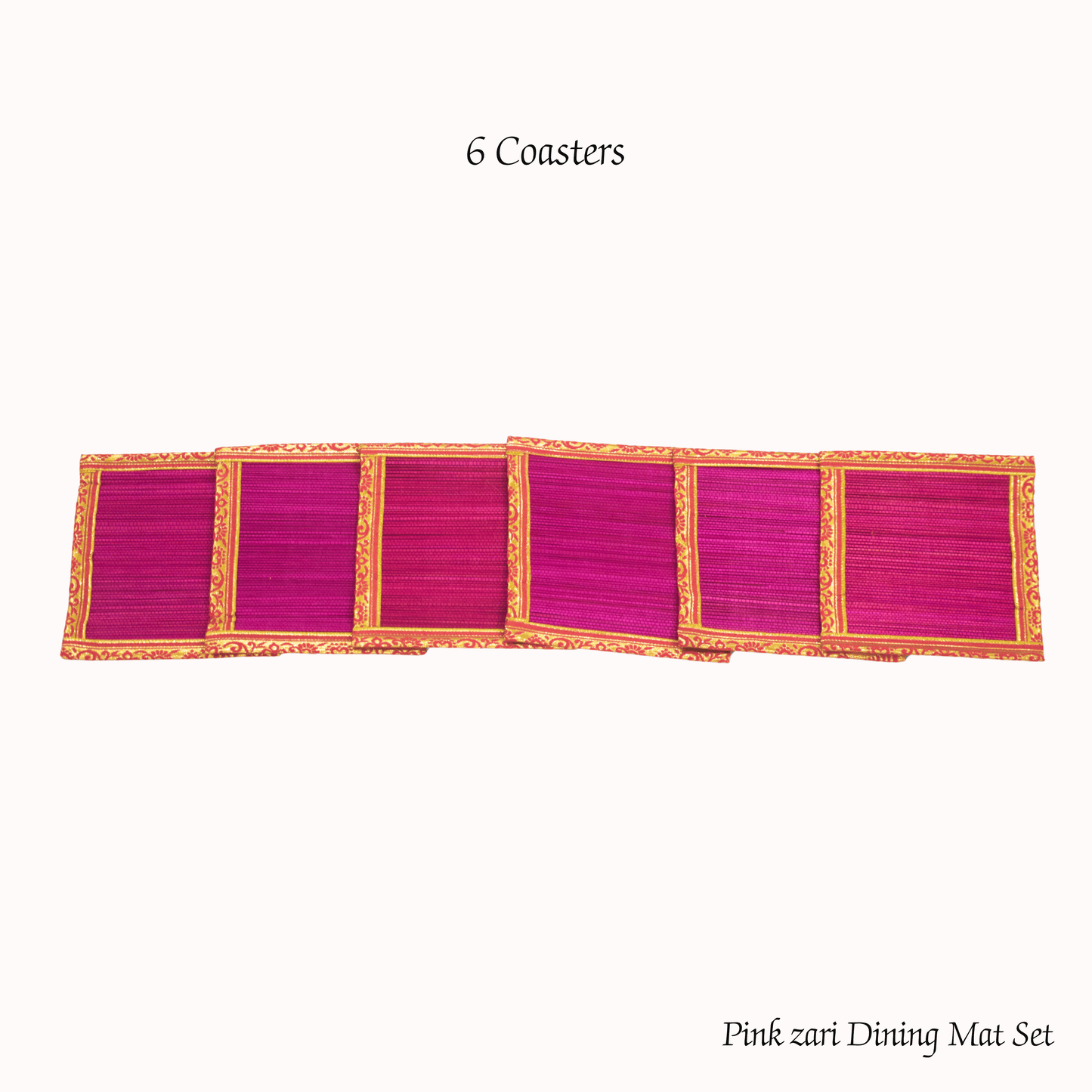 Zari Series | Bamboo Coasters (Set of 6) - Pink with Rose Zari Finish