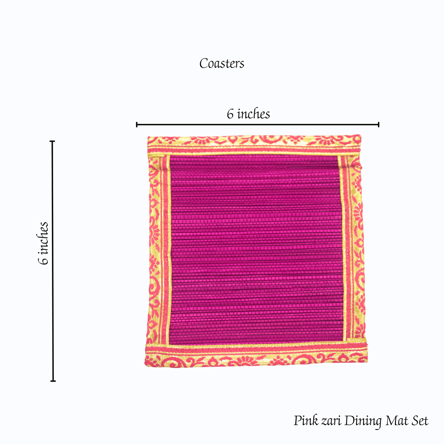 Zari Series | Bamboo Coasters (Set of 6) - Pink with Rose Zari Finish