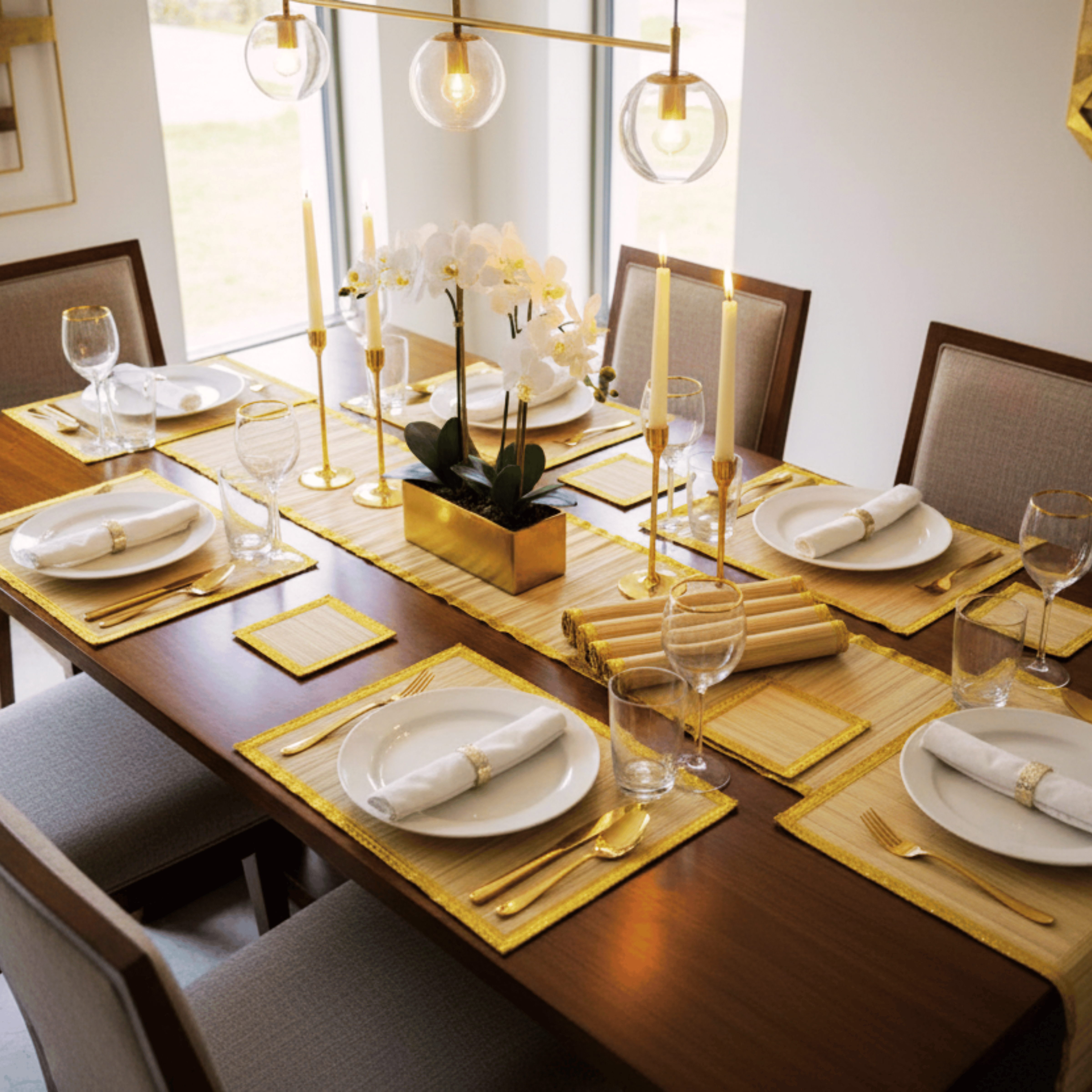 Zari Series | Bamboo Table Runner with Placemat - Beige Luxe with Sand Gold