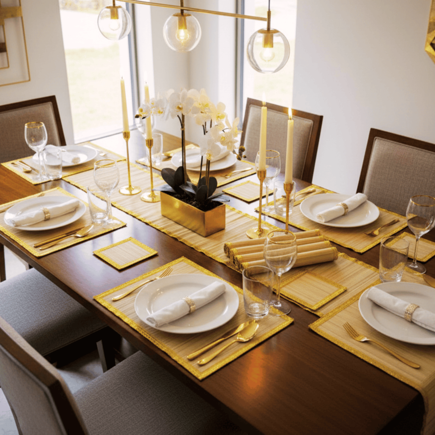 Zari Series | Bamboo Table Runner with Placemat - Beige Luxe with Sand Gold