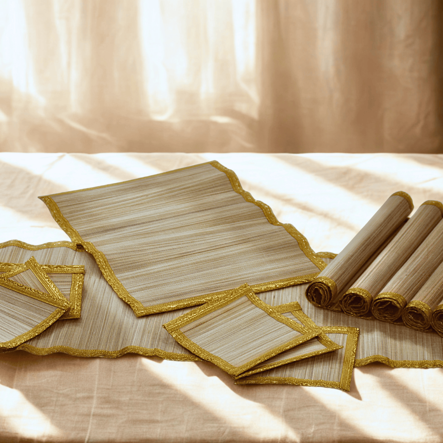 Zari Series | Bamboo Coasters (Set of 6) - Beige Luxe with Sand Gold