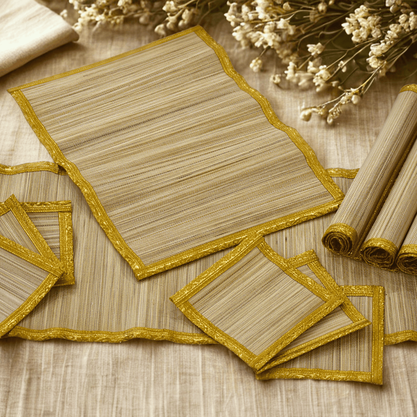 Zari Series | Bamboo Table Runner - Beige Luxe with Sand Gold