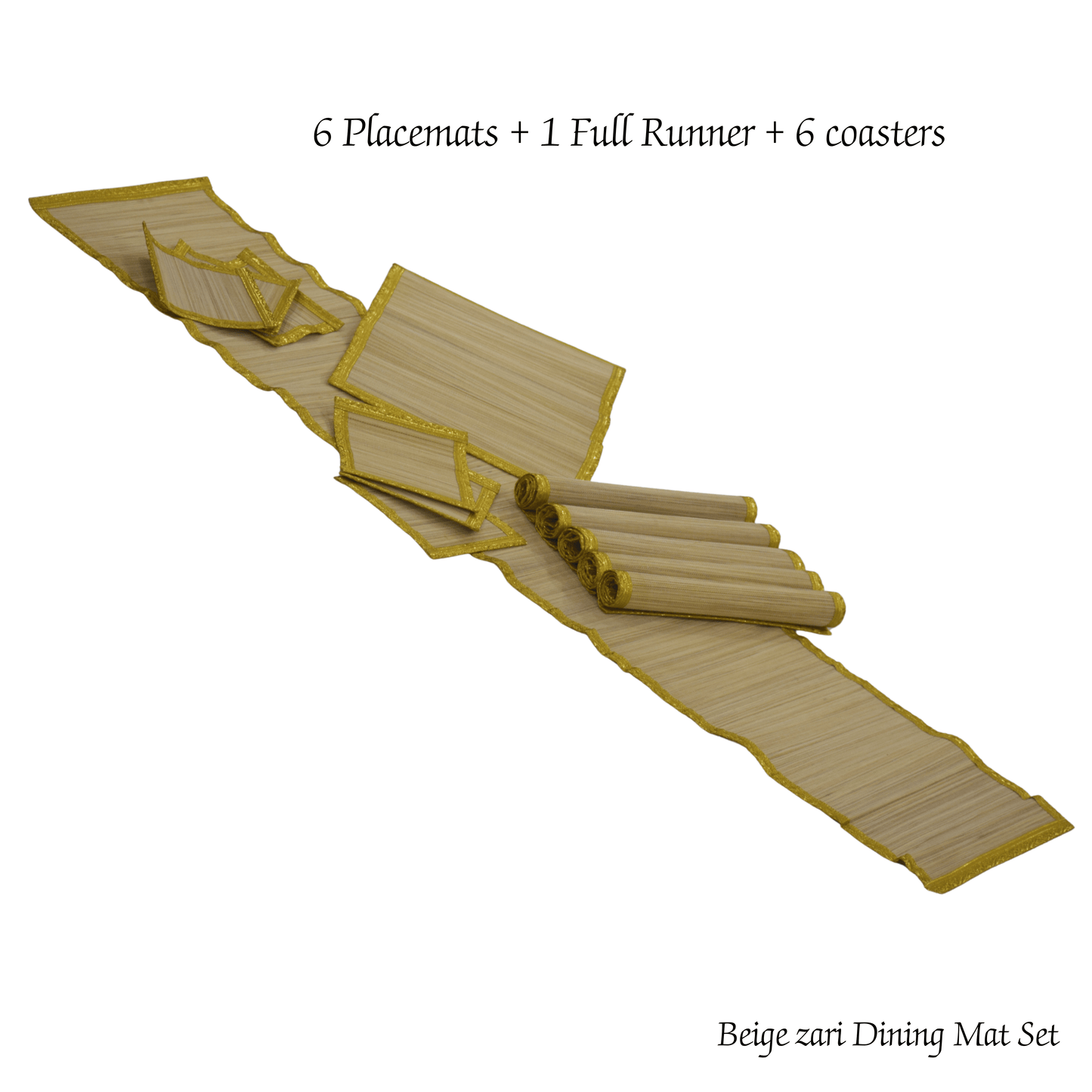 Zari Series | Bamboo Table Runner with Placemat - Beige Luxe with Sand Gold