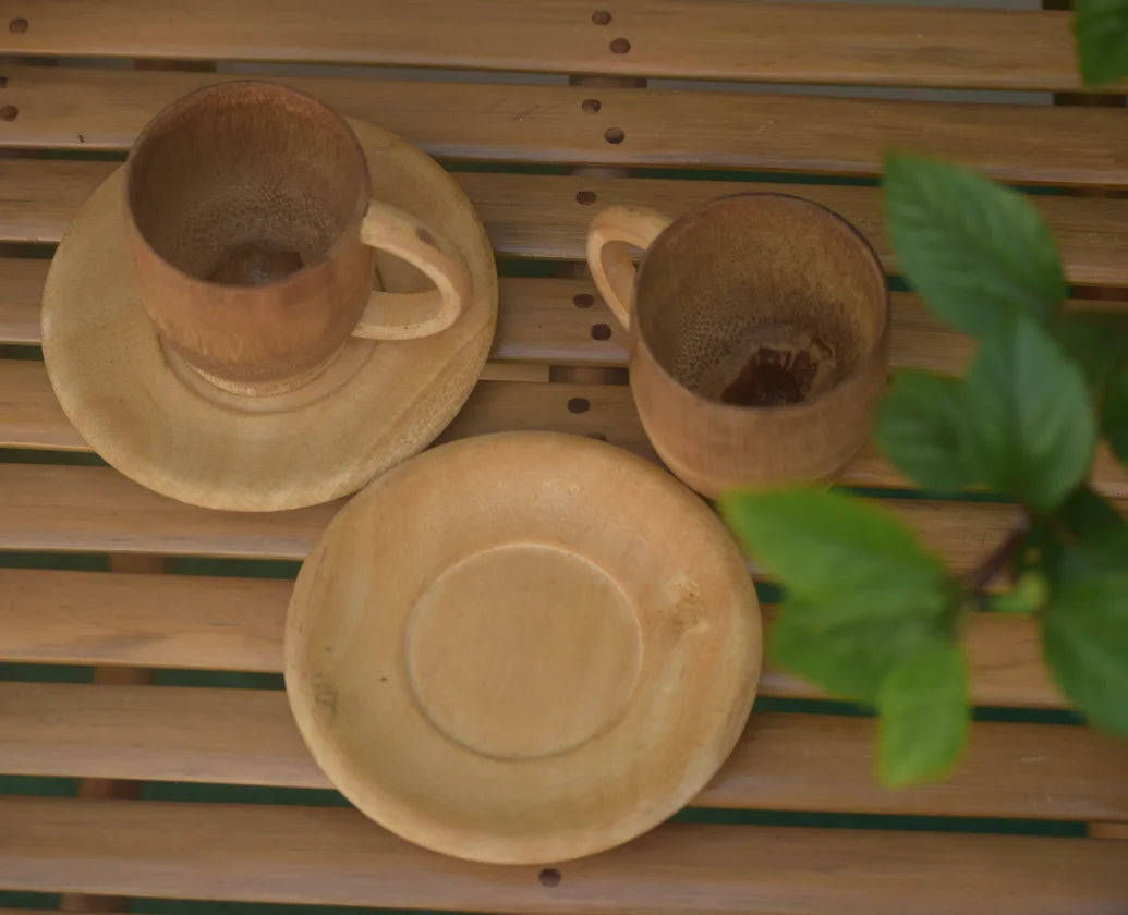 Taza de té de bambú hecha a mano con platillo - 3 pulgadas con acabado ahumado - 2 piezas