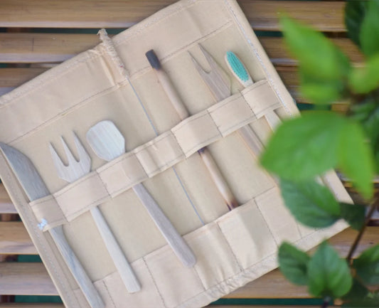 Bamboo Utility Set with Pouch. Includes Toothbrush, Straw, Cutlery and Cleaner.