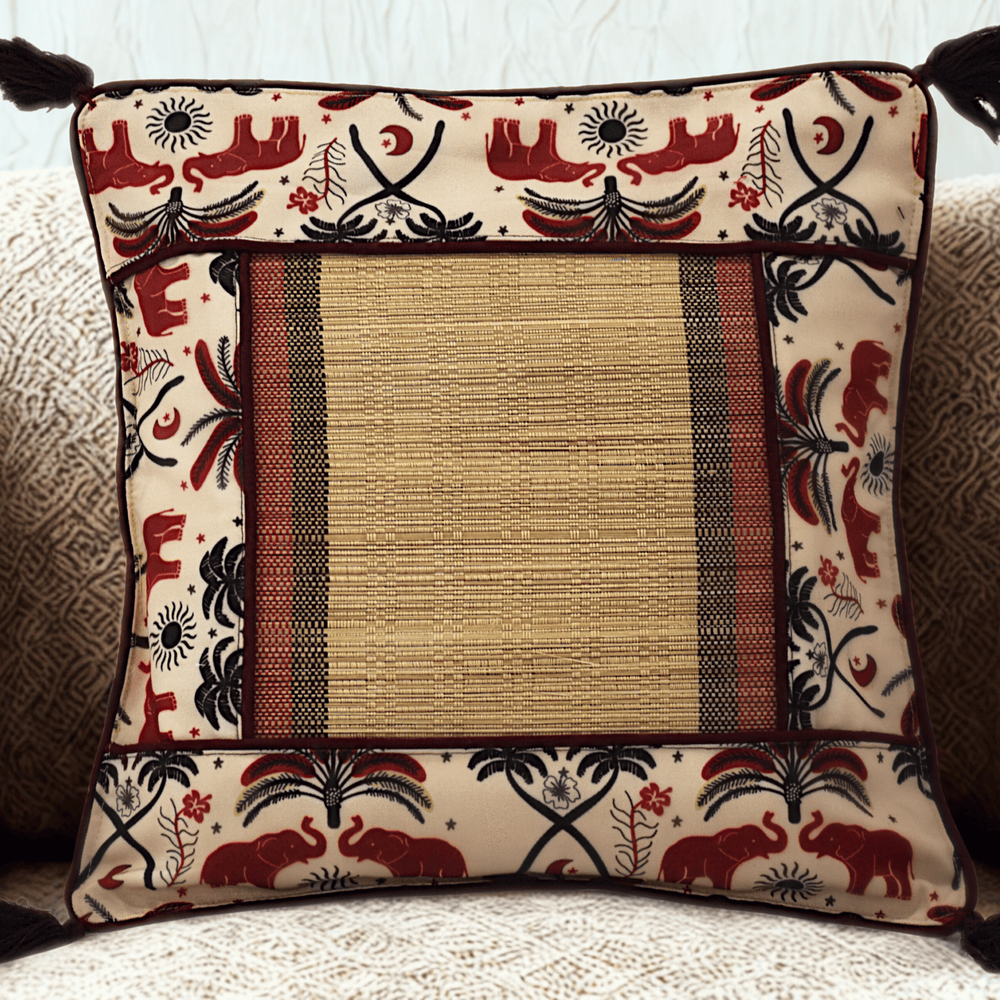 After Wait | Bamboo Cushion Cover – Tribal Elephant Print with Red Funde