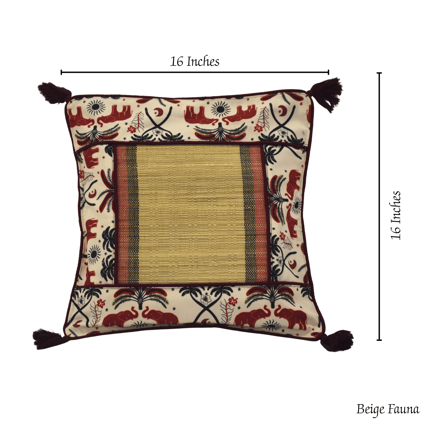 After Wait | Bamboo Cushion Cover – Tribal Elephant Print with Red Funde