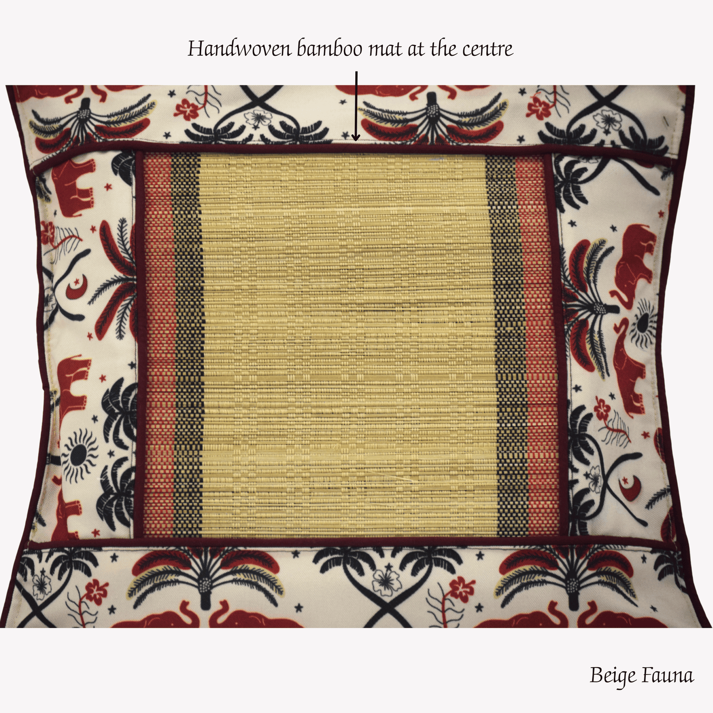 After Wait | Bamboo Cushion Cover – Tribal Elephant Print with Red Funde