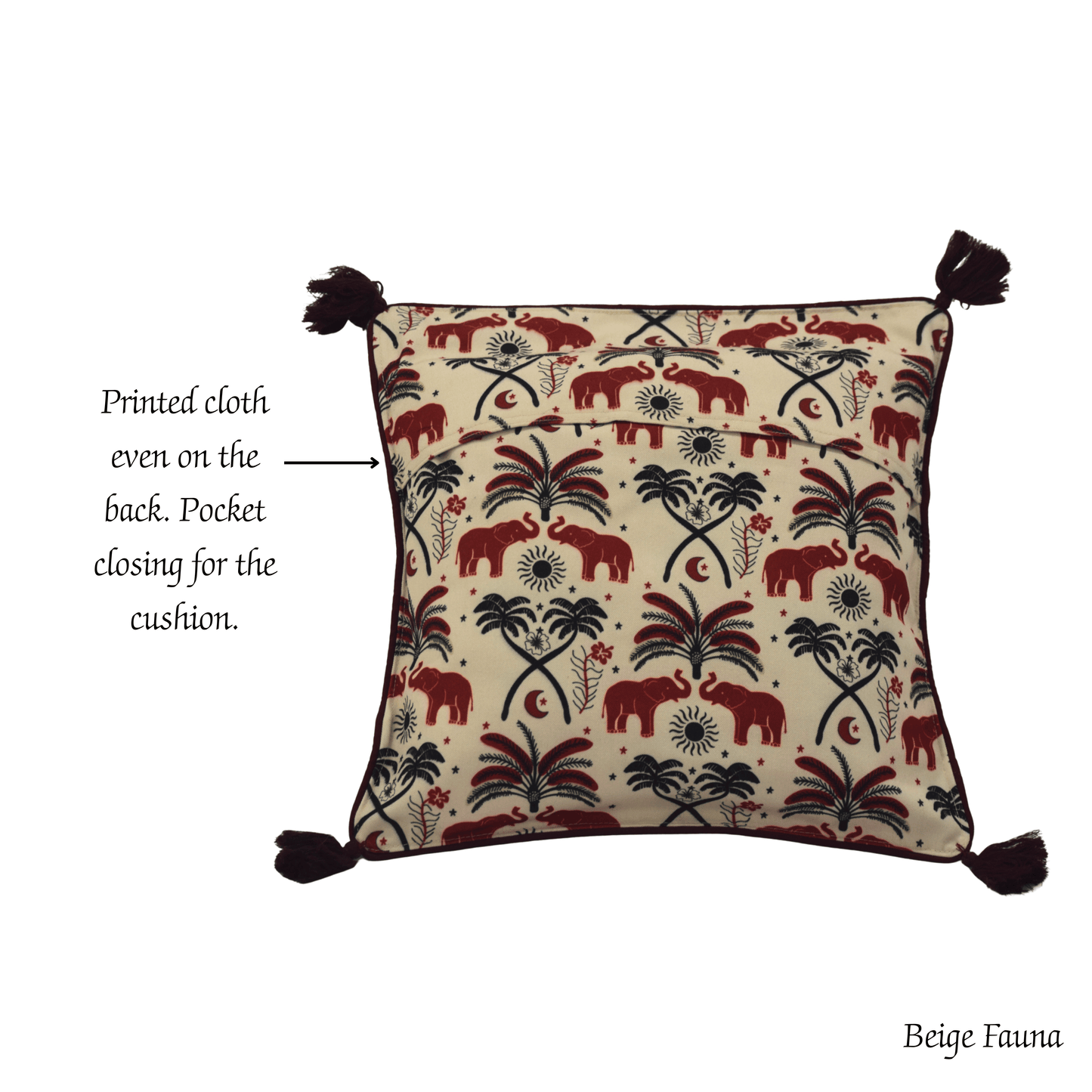 After Wait | Bamboo Cushion Cover – Tribal Elephant Print with Red Funde