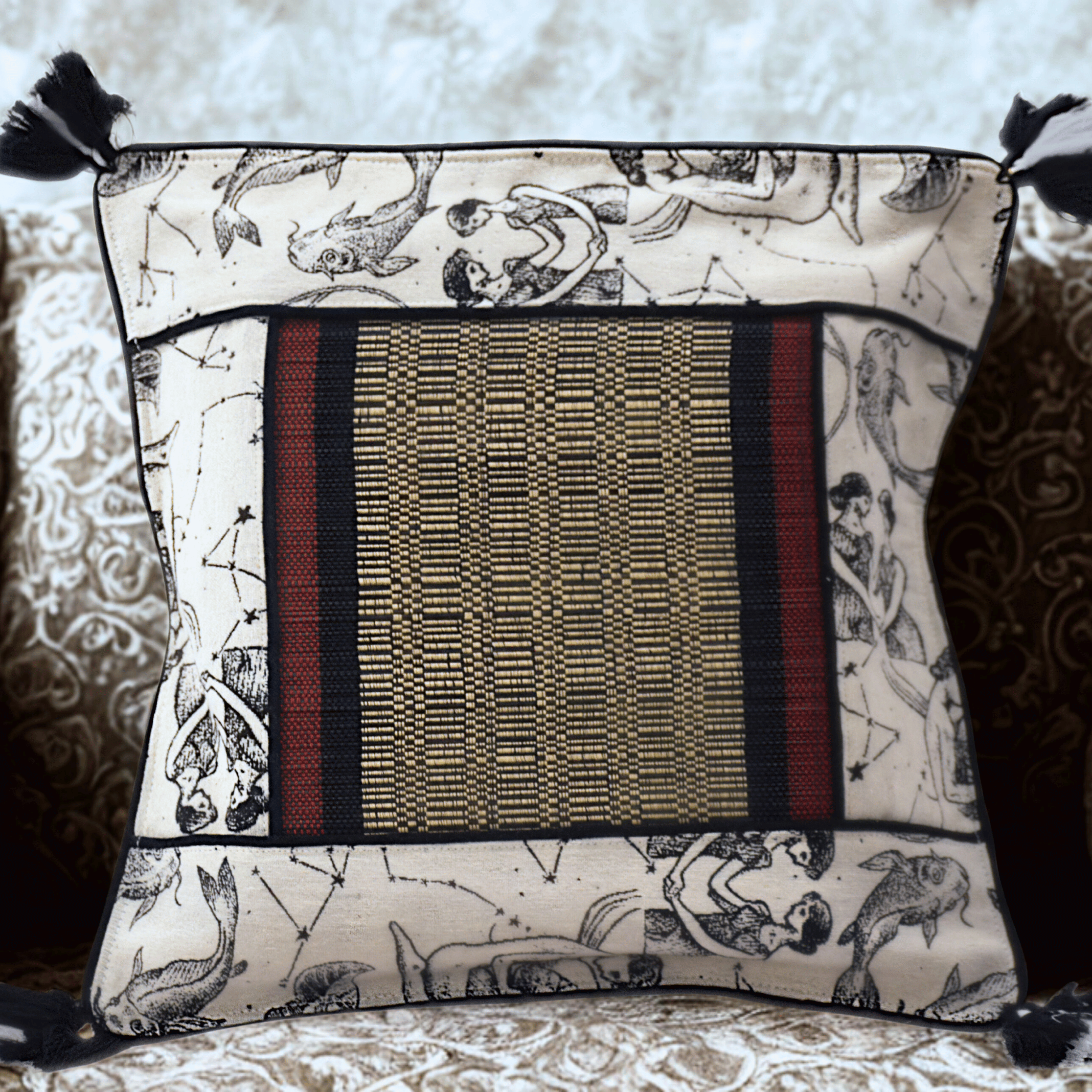 After Wait | Bamboo Cushion Cover – Monochrome Jacquard with Tribal Black thumbnail 2