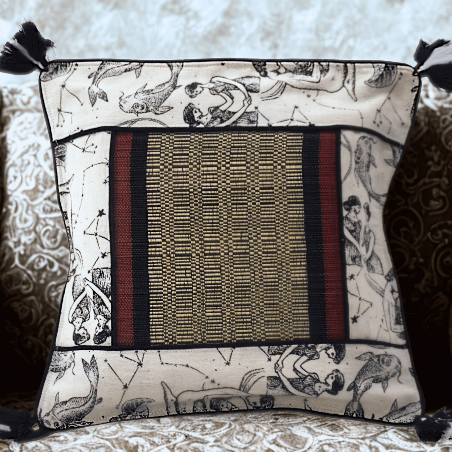 After Wait | Bamboo Cushion Cover – Monochrome Jacquard with Tribal Black