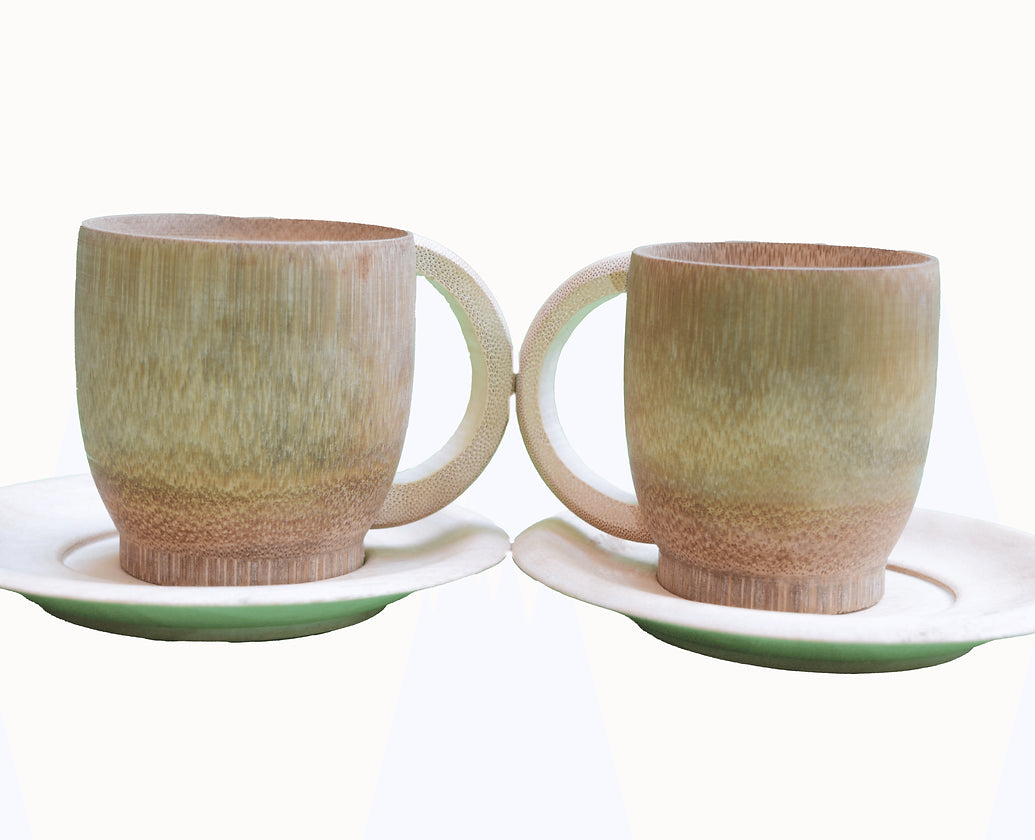 Taza de té de bambú hecha a mano con platillo - 3 pulgadas con acabado ahumado - 2 piezas