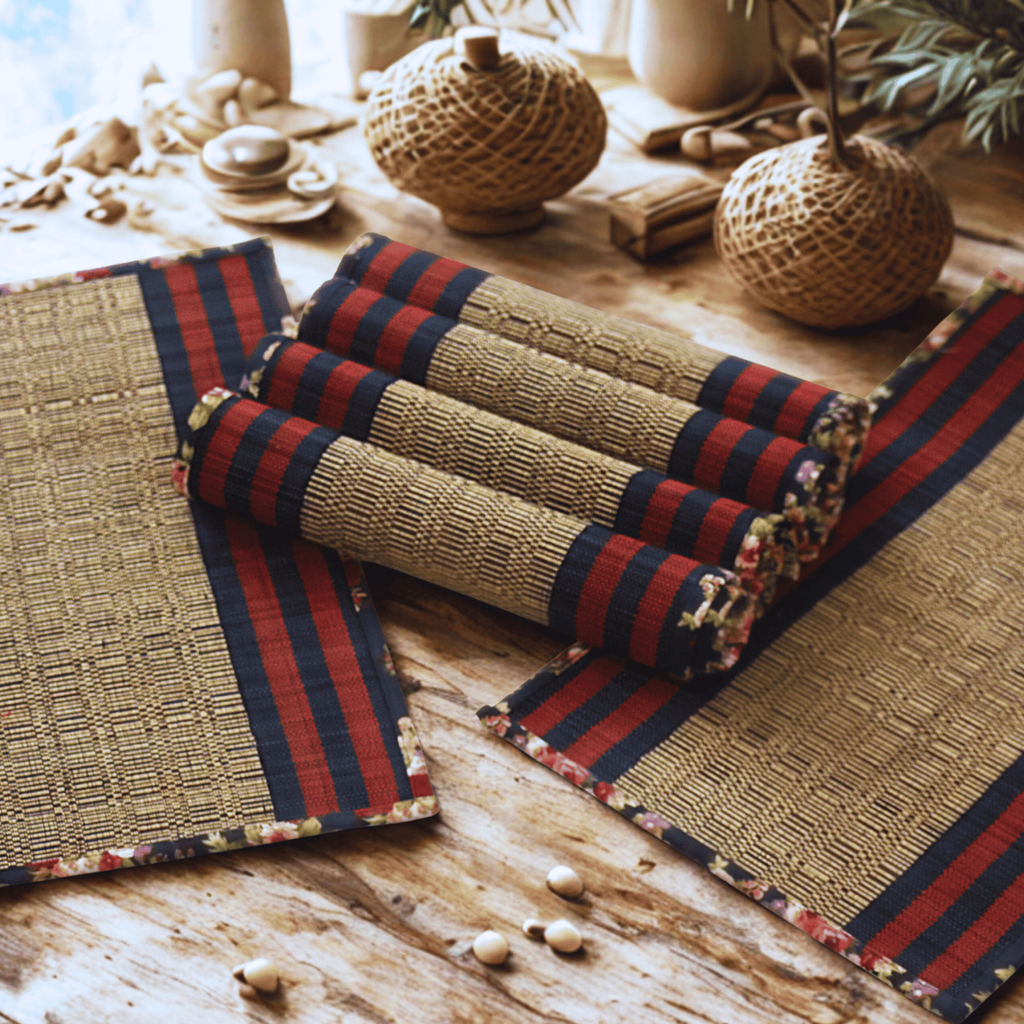 After Wait | Bamboo Placemats – Floral Canvas Border (Set of 6)