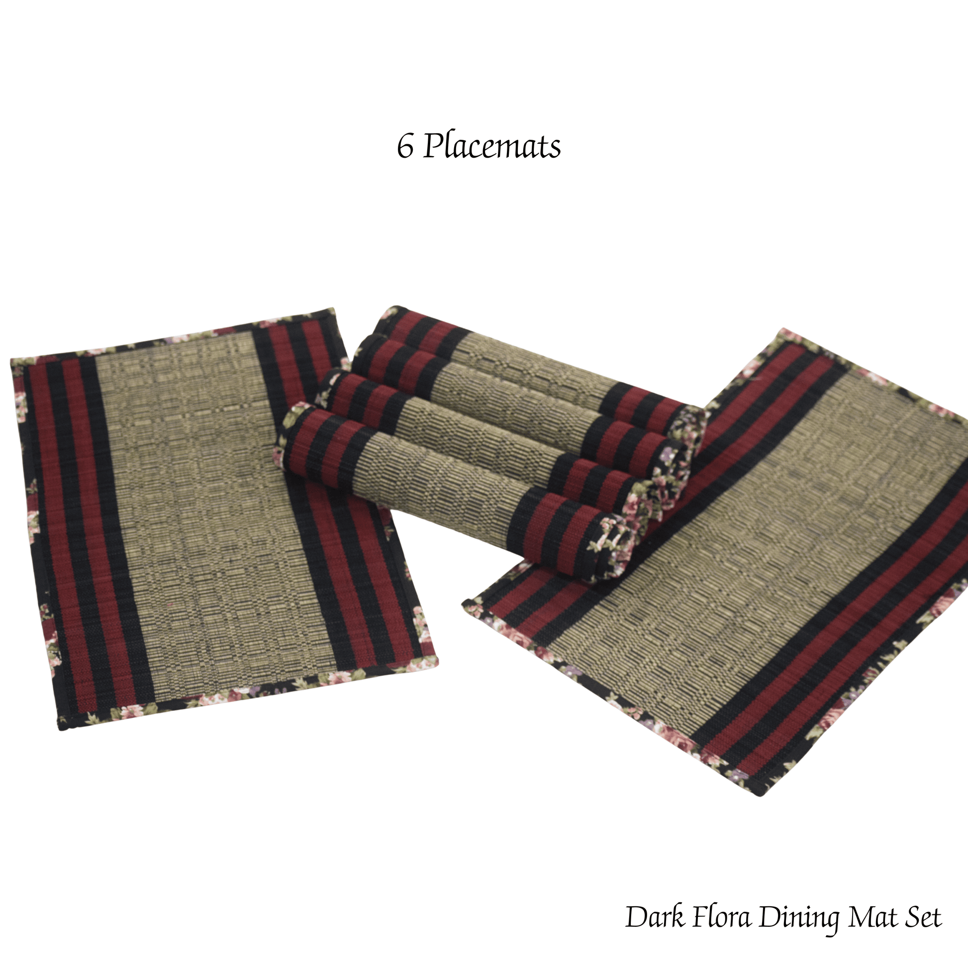 Set of six dark flora dining mat with striped design on a white background