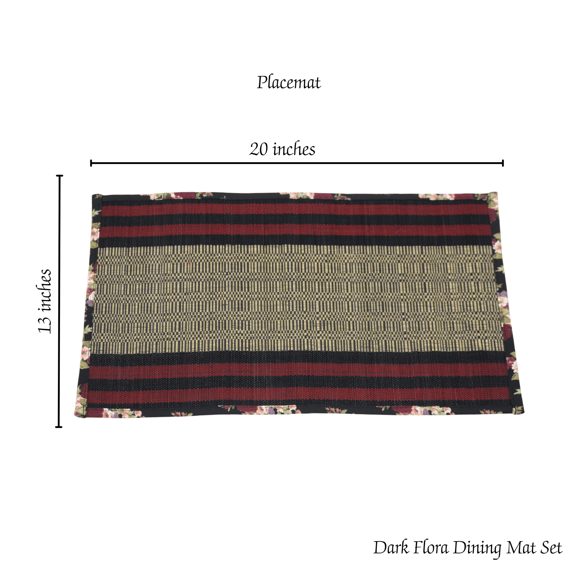 Dark Flora Dining Mat Set with dimensions on a white background