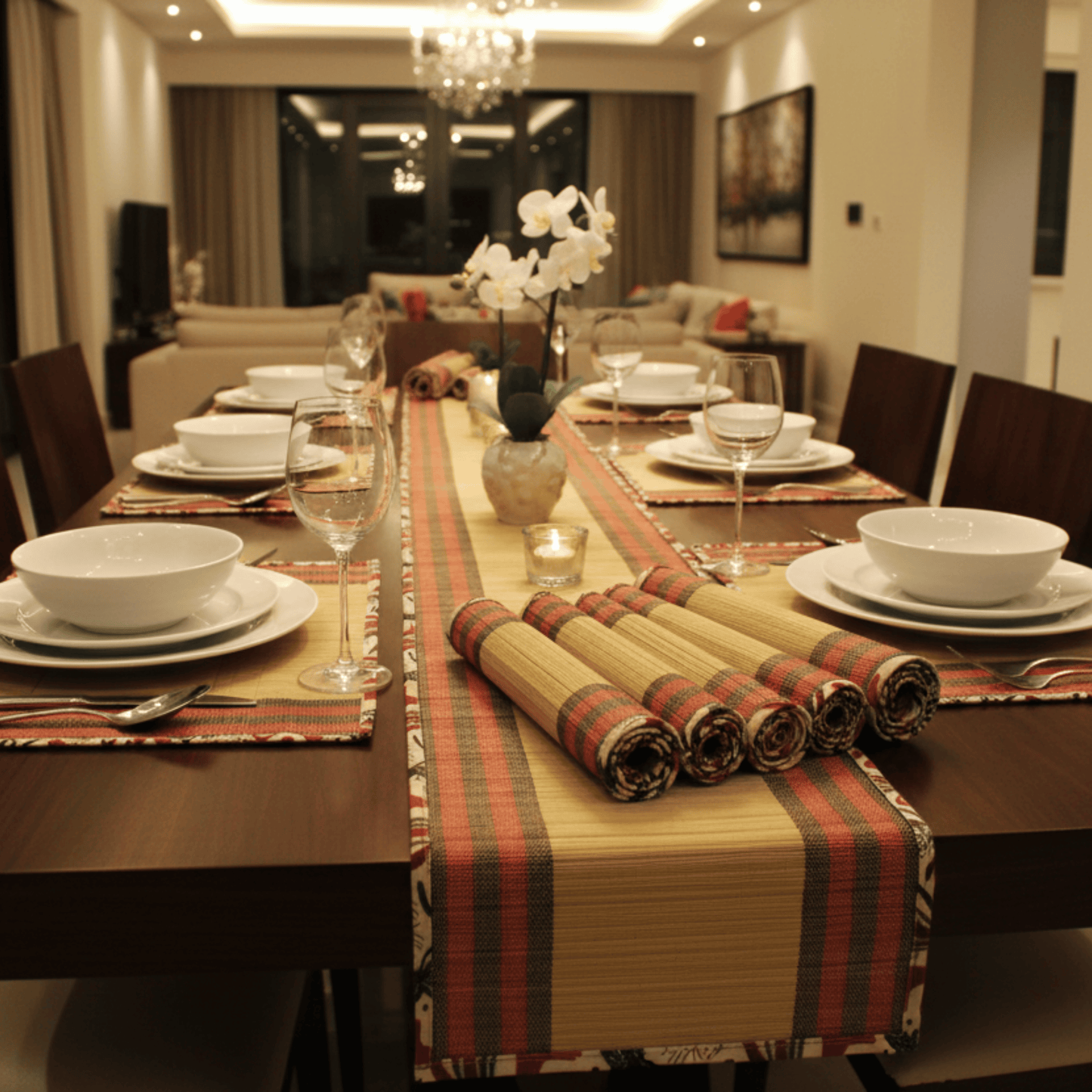 After Wait | Bamboo Table Runner with Placemat - Rustic Elephant Border