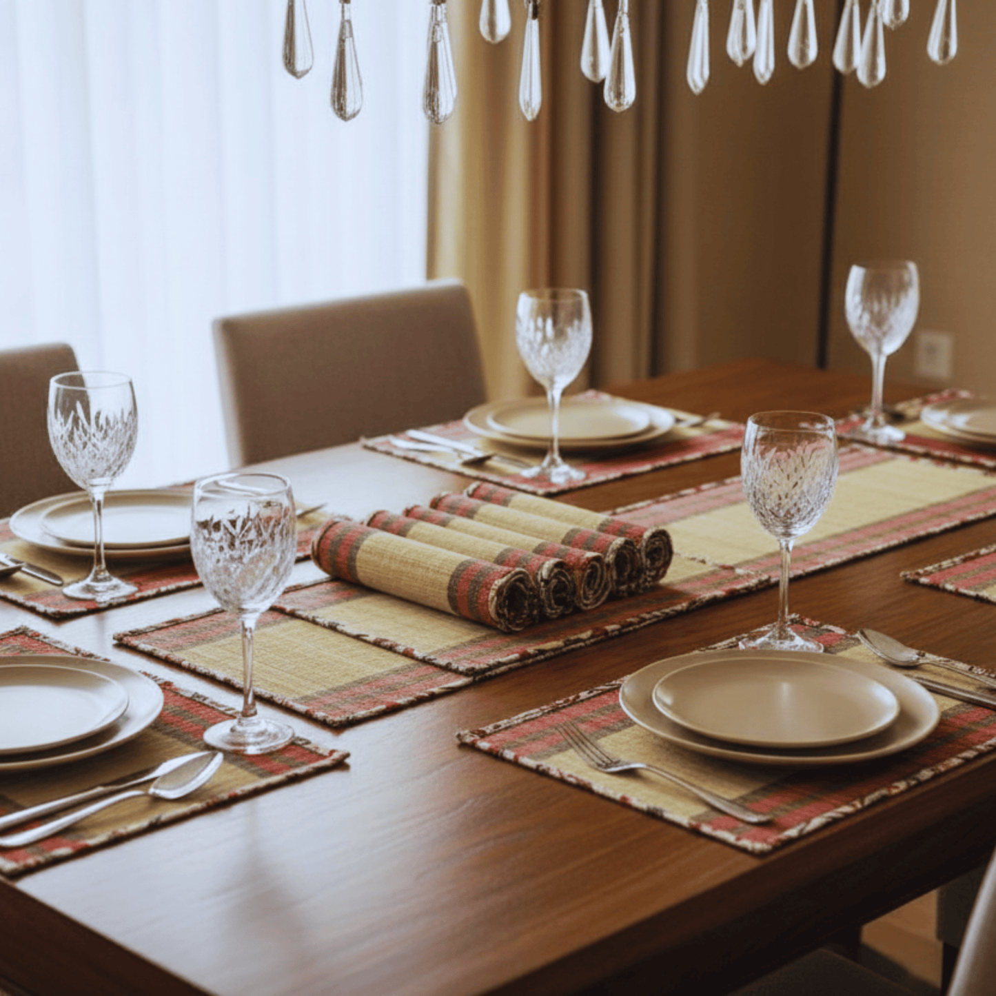 After Wait | Bamboo Table Runner with Placemat - Rustic Elephant Border