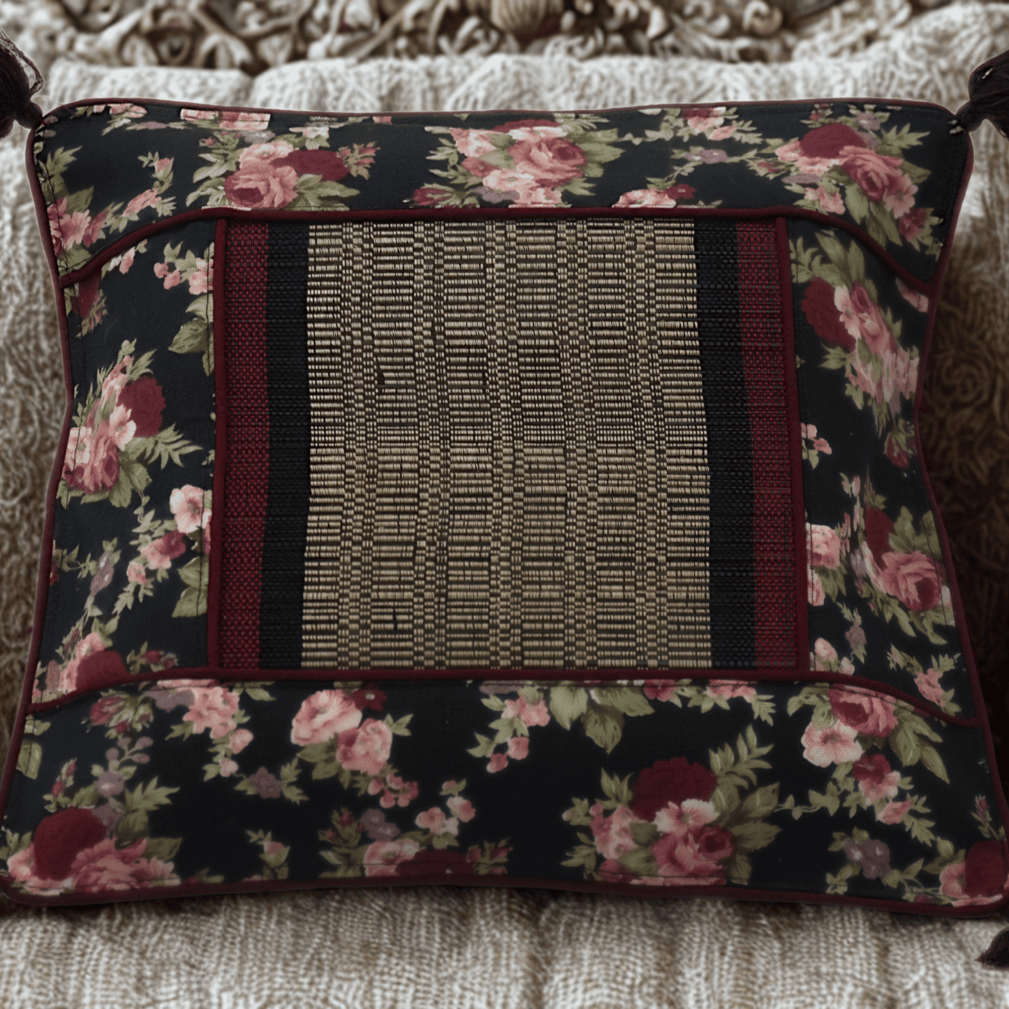 After Wait | Bamboo Cushion Cover – Vintage Floral Canvas with Red Funde