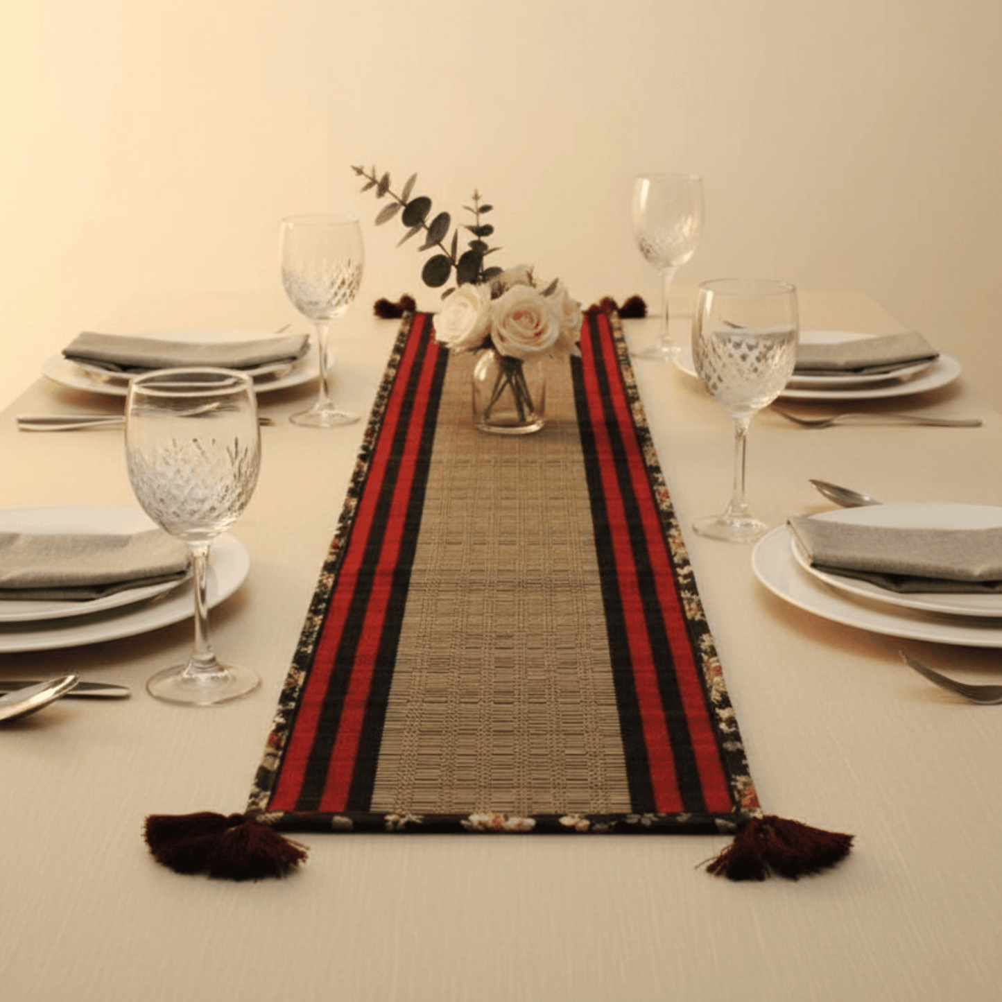 After Wait | Bamboo Table Runner – Floral Canvas Edge with Red Funde