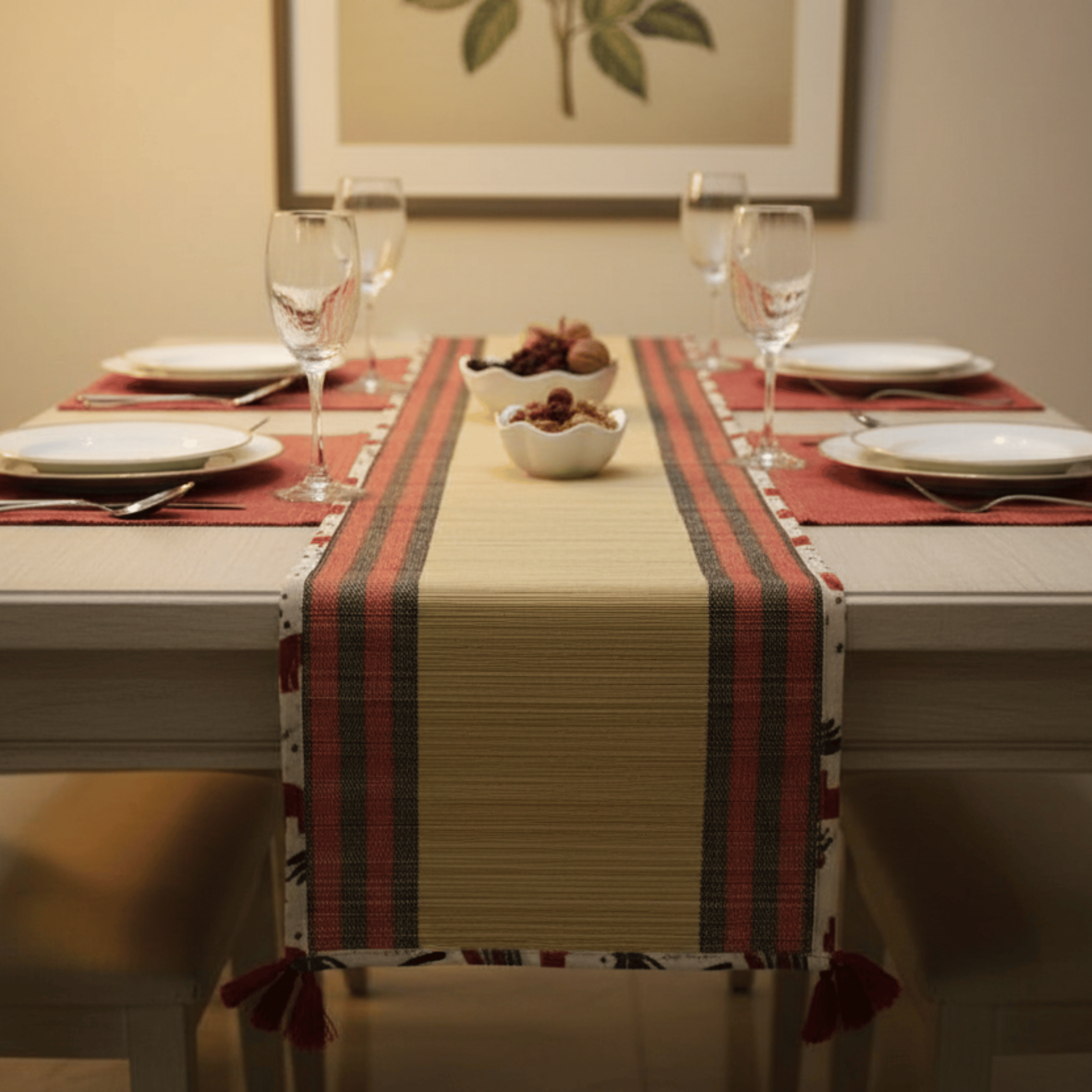 After Wait | Bamboo Table Runner – Elephant Print Canvas Border with Red Funde