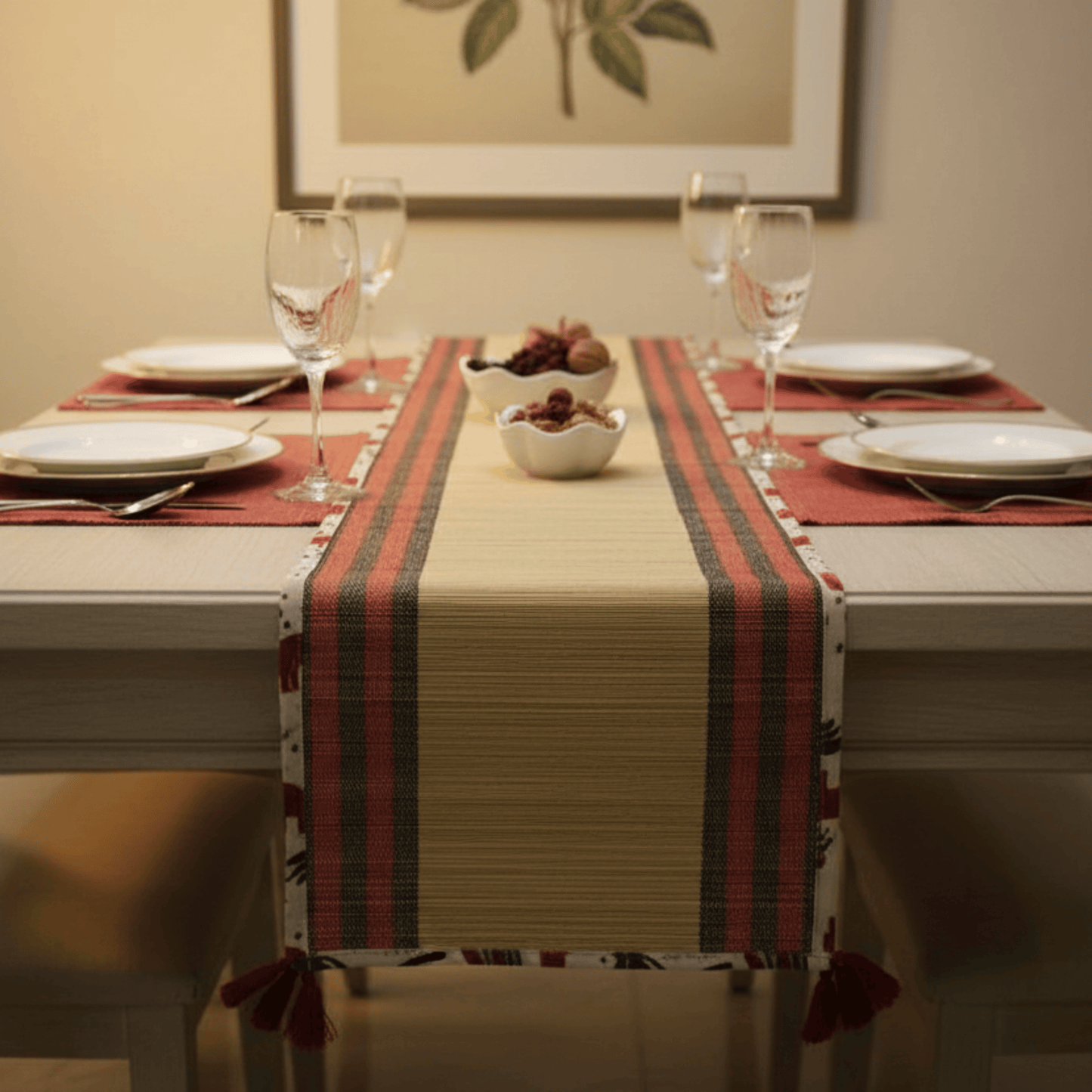 After Wait | Bamboo Table Runner – Elephant Print Canvas Border with Red Funde