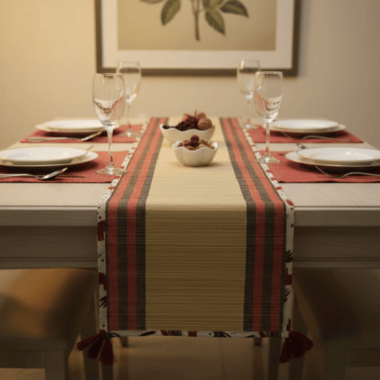 After Wait | Bamboo Table Runner – Elephant Print Canvas Border with Red Funde