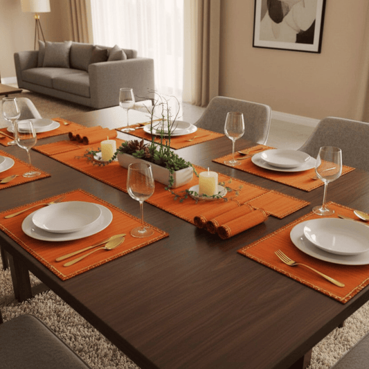 Zari Series | Bamboo Table Runner with Placemats - Orange with Marigold Zari Accents