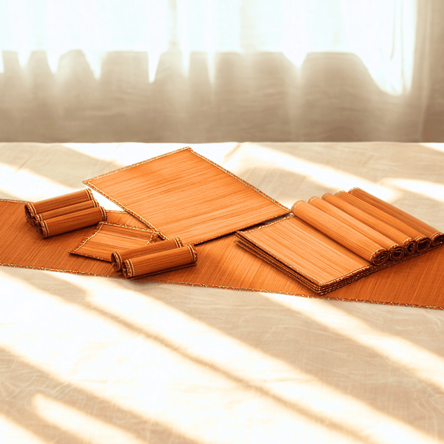 Zari Series | Bamboo Table Runner - Orange with Marigold Zari Accents