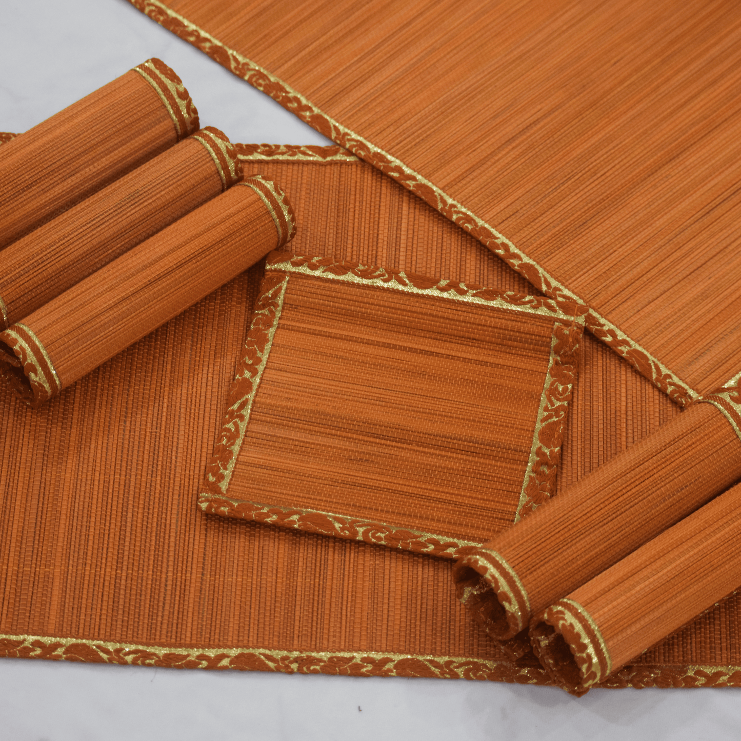 Zari Series | Bamboo Coasters (Set of 6) - Orange with Marigold Zari Accents