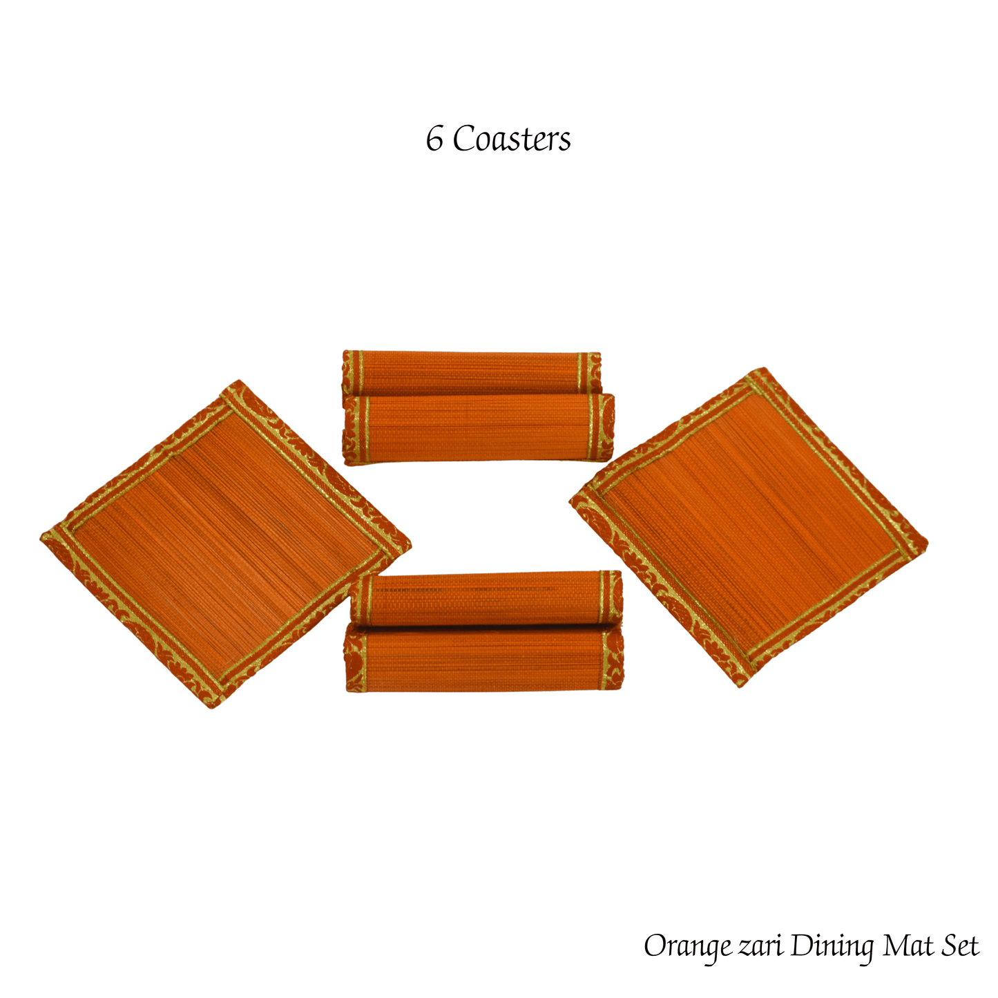 Zari Series | Bamboo Coasters (Set of 6) - Orange with Marigold Zari Accents