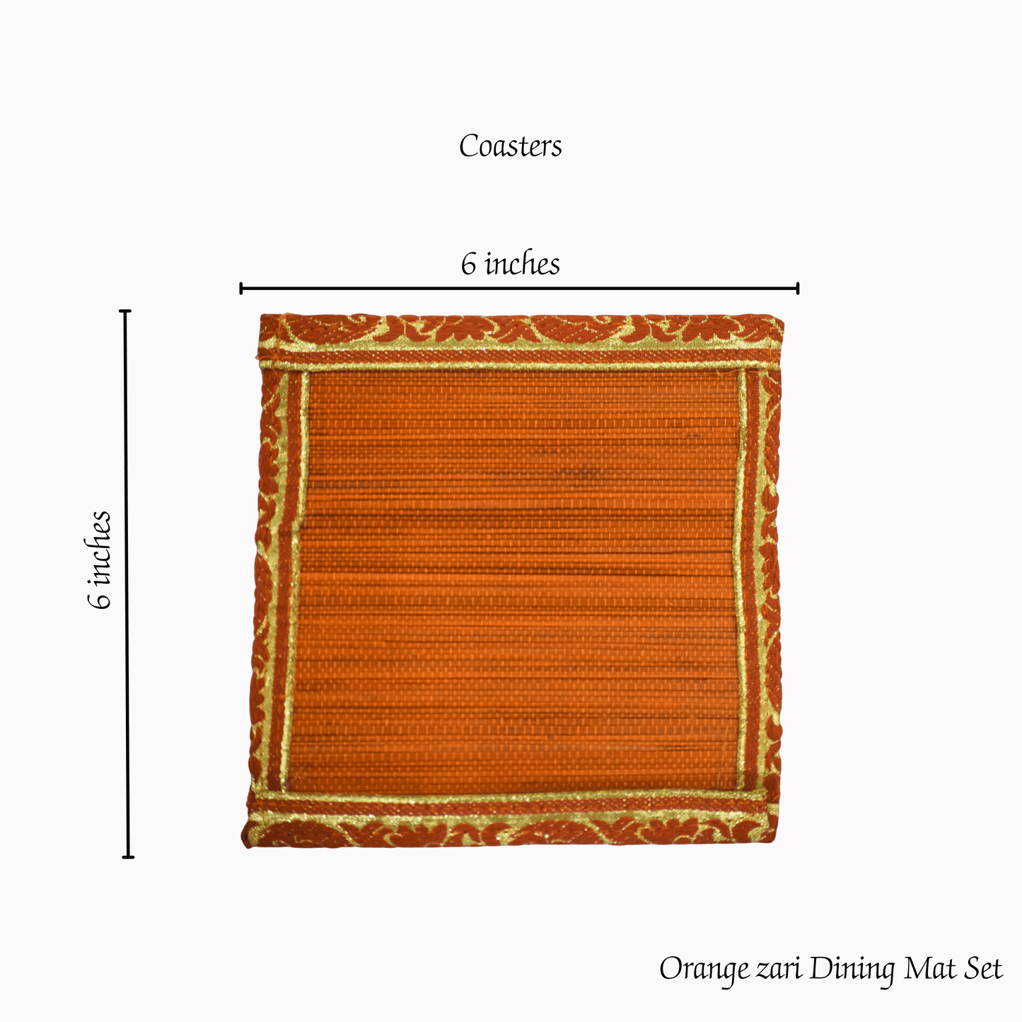 Zari Series | Bamboo Coasters (Set of 6) - Orange with Marigold Zari Accents