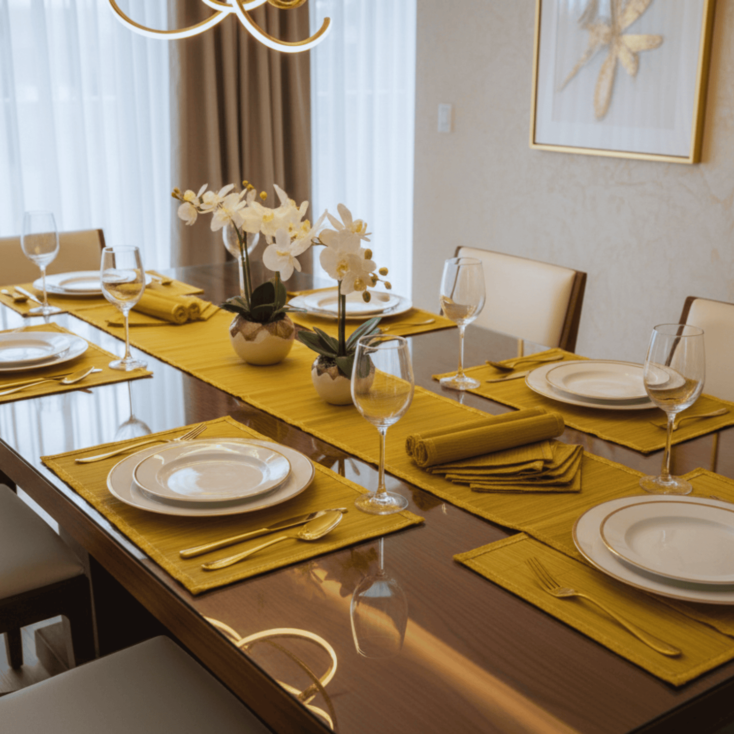 Zari Series | Bamboo Table Runner with Placemats - Sun Yellow with Canary Zari Weave