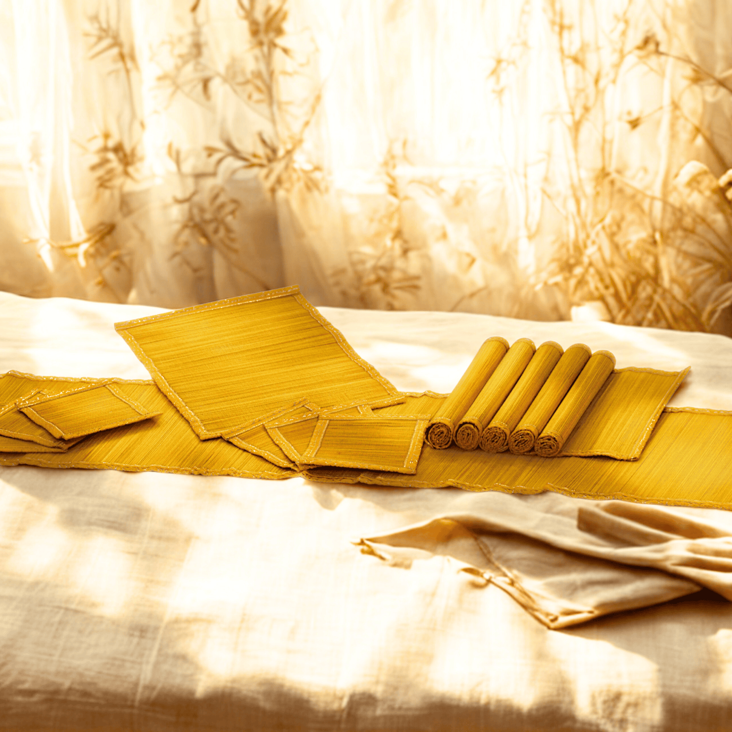 Zari Series | Bamboo Placemats (Set of 6) - Sun Yellow with Canary Zari Weave