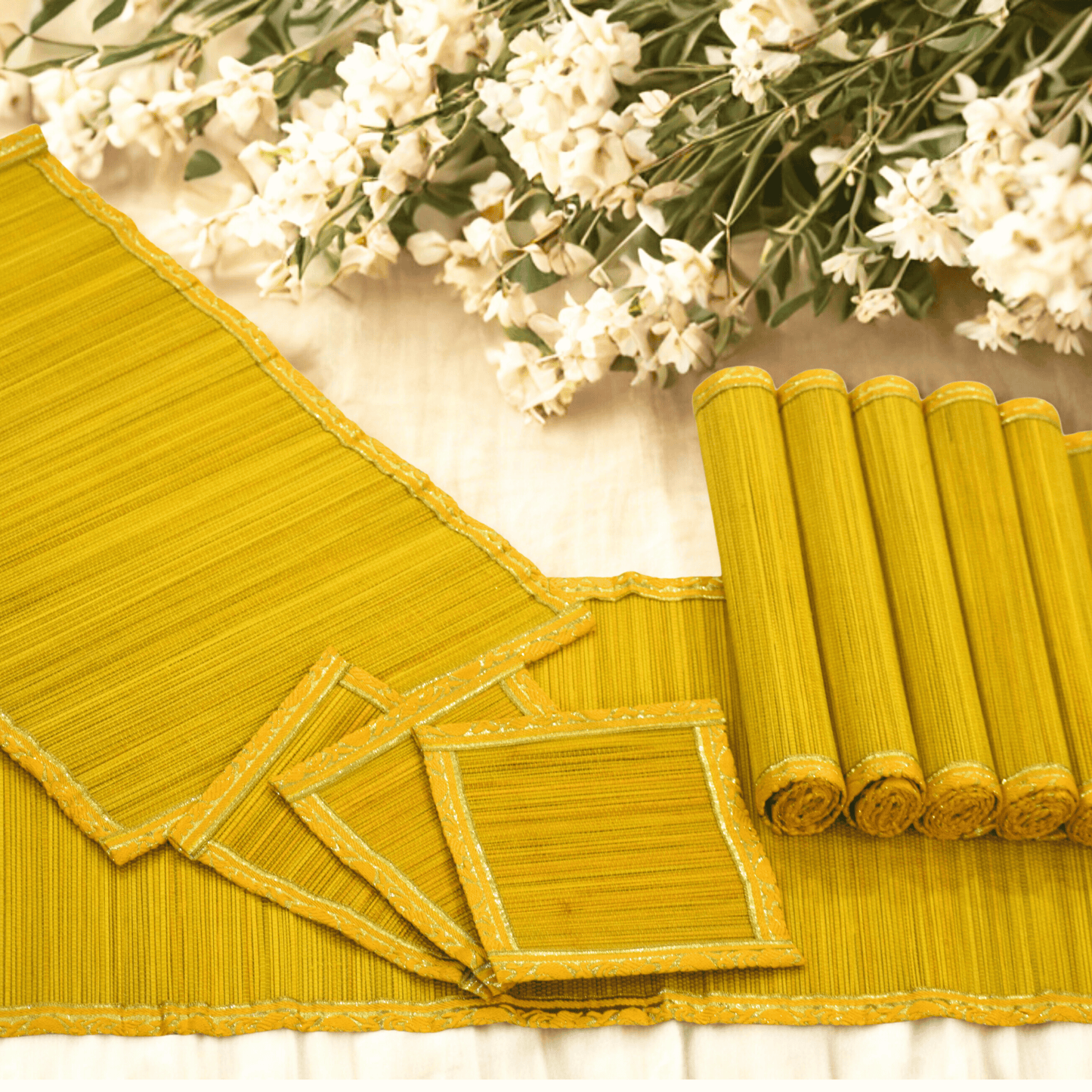 Zari Series | Bamboo Table Runner - Sun Yellow with Canary Zari Weave