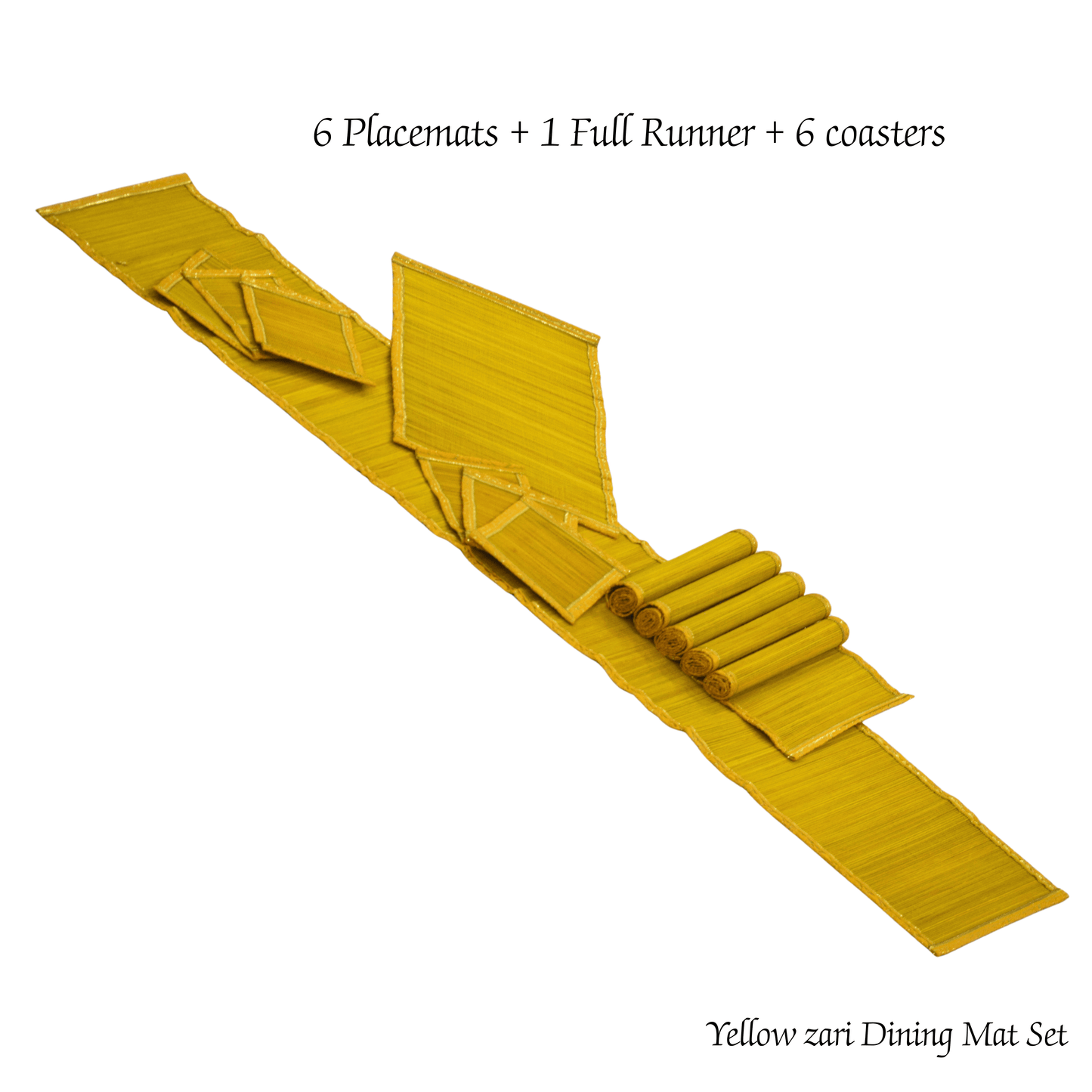 Zari Series | Bamboo Table Runner with Placemats - Sun Yellow with Canary Zari Weave