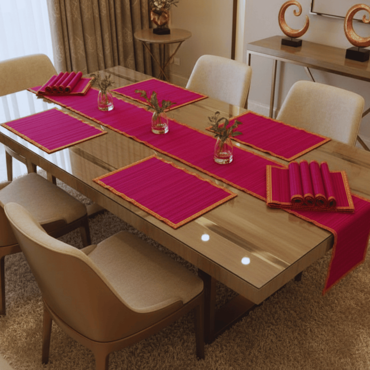 Zari Series | Bamboo Table Runner - Pink with Rose Zari Finish