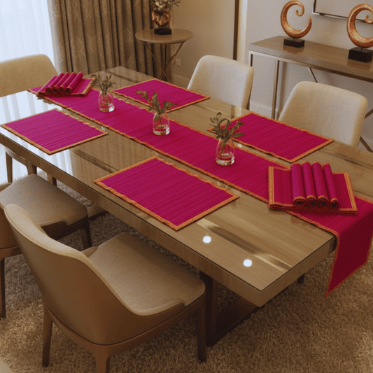 Zari Series | Bamboo Table Runner with Placemats - Pink with Rose Zari Finish