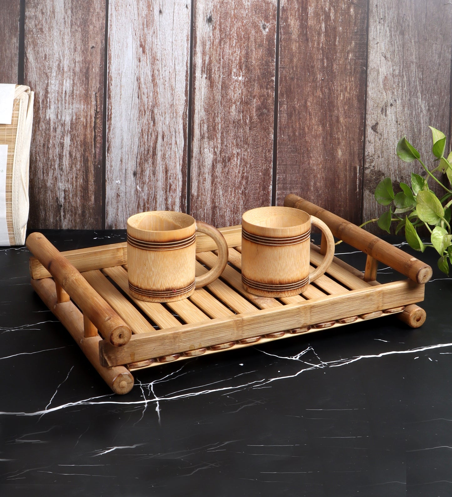 Natural Bamboo Tray With Coffee Mugs