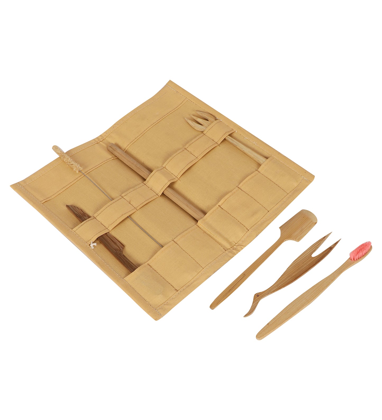 Set de utilidad de bambú con bolsa. Incluye Cepillo de Dientes, Pajita, Cubiertos y Limpiador.