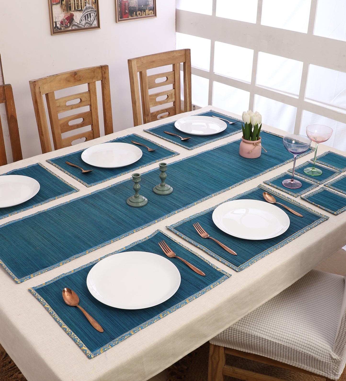 Curtain & Dining Mat Combo - Blue